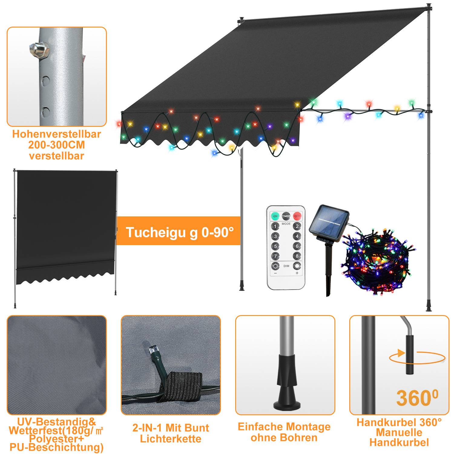 Verstellbare Markise mit solarbetriebenen LED-Leuchten, verlängerbar von 200-300 cm. Das Zubehör umfasst eine Fernbedienung, ein Bedienfeld und eine manuelle Kurbelkurbel.