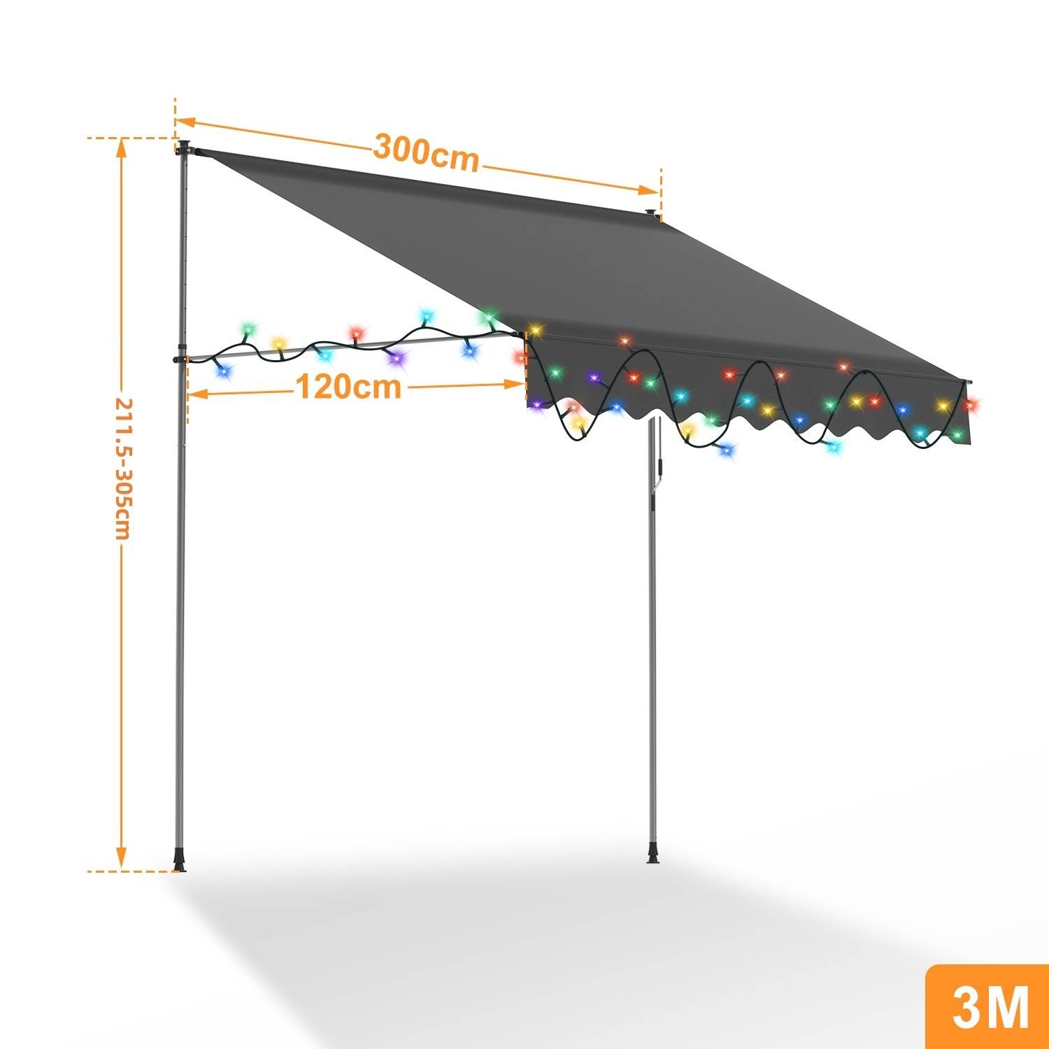 Eine graue ausfahrbare Markise mit den Maßen 300cm x 120cm, dekoriert mit farbigen Lichtern, wird gezeigt. Die Vorderhöhe ist zwischen 205-315cm verstellbar.