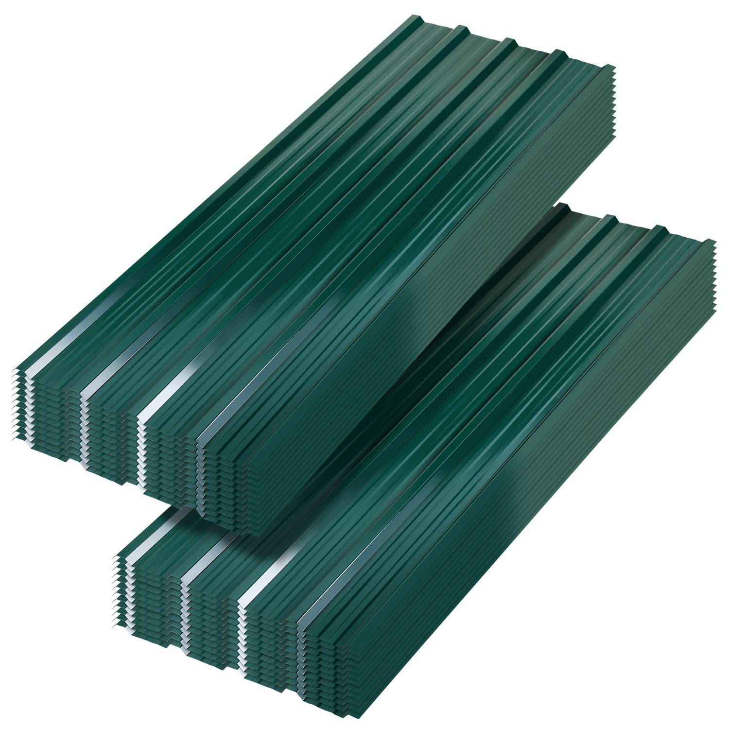 Gestapelte grüne Metallzaunpfähle, in zwei Ebenen angeordnet, aus einem Winkel betrachtet. Jeder Pfahl hat eine gerillte Oberfläche.