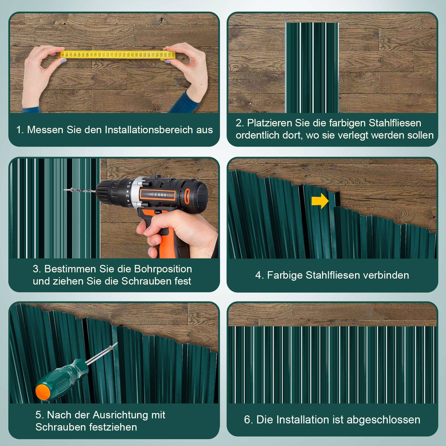 Sechsstufiger Prozess zur Installation von farbigen Stahlziegeln: Messen, Ziegel positionieren, bohren, Ziegel verbinden, ausrichten, Schrauben einbauen und fertigstellen.