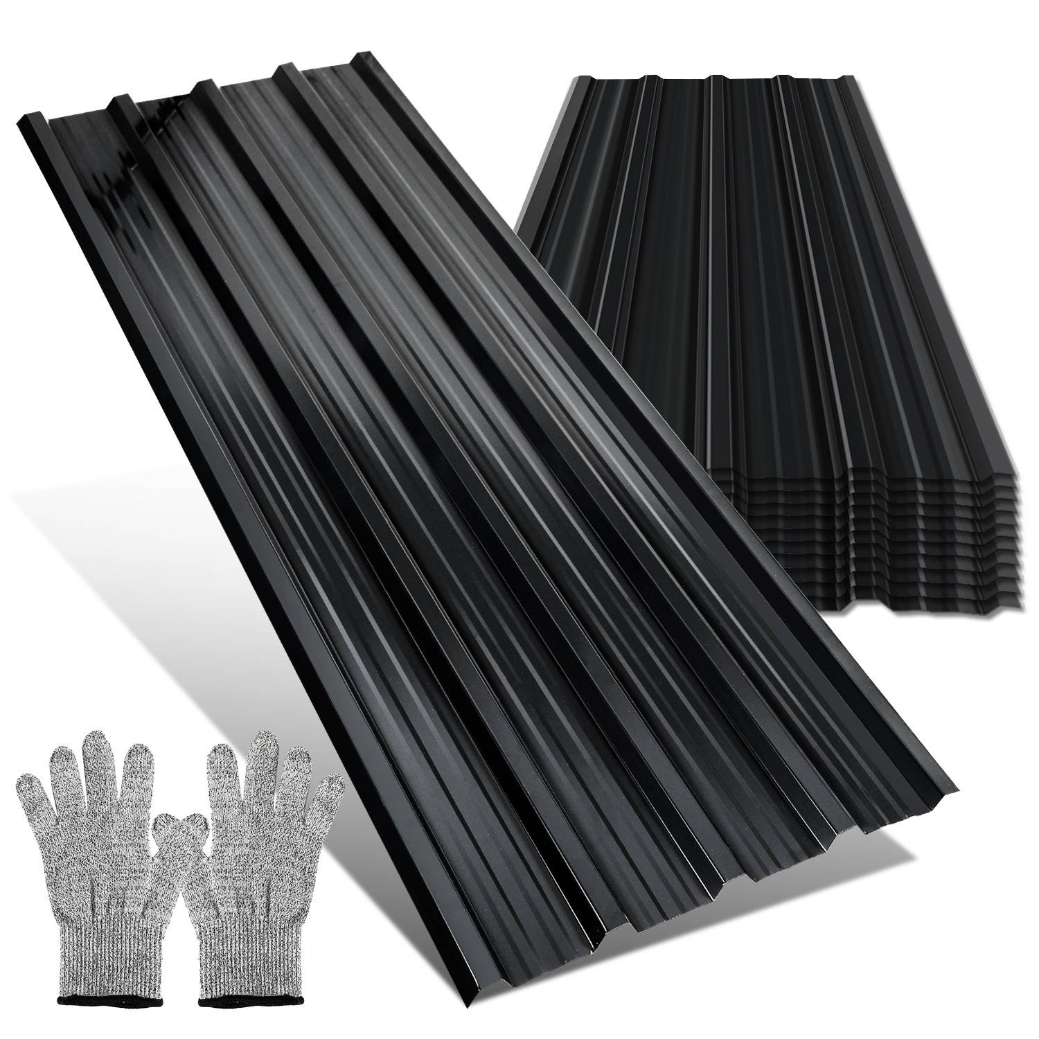 Stapel schwarzer gewellter Dacheindeckungsplatten mit einem Paar grauer Handschuhe daneben, was darauf hindeutet, dass sie zum Handhaben oder Installieren bestimmt sind.