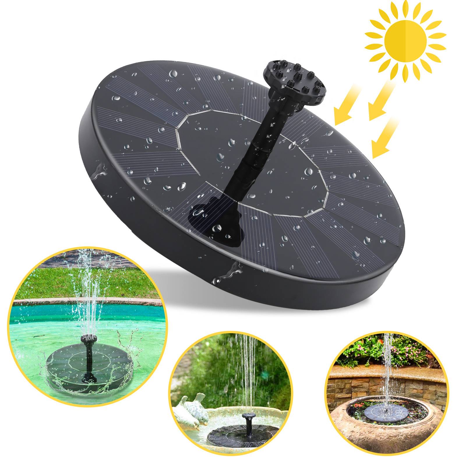 Solar-betriebene Springbrunnenpumpe mit kreisförmigem schwarzem Panel, das Wasser nach oben sprüht. Kleine eingefügte Bilder zeigen Installationsbeispiele in verschiedenen Garteneinstellungen.