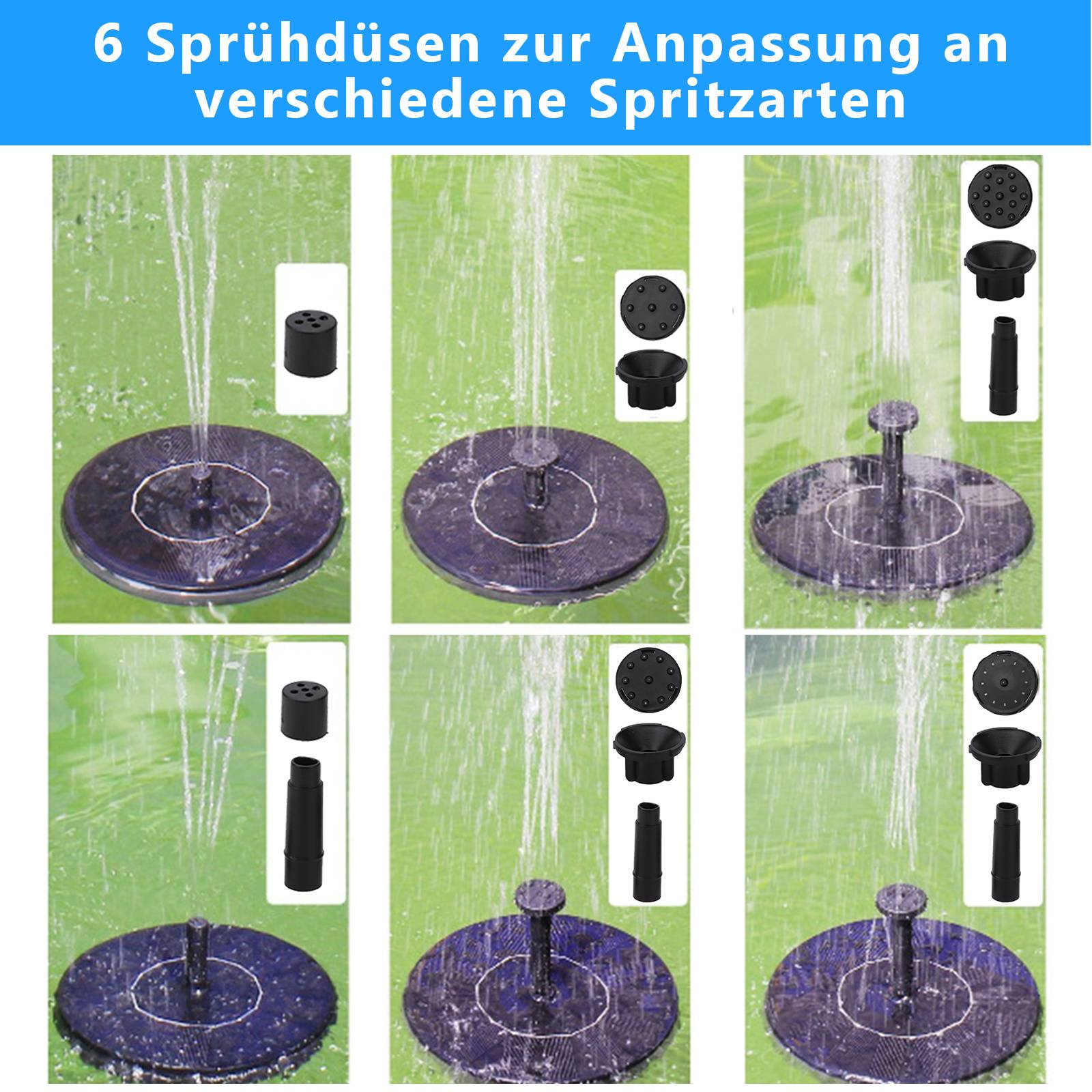 6 Sprühdüsen zur Anpassung an verschiedene Spritzarten: Das Bild zeigt verschiedene Sprühdüsen und ihre Wassersprühmuster.