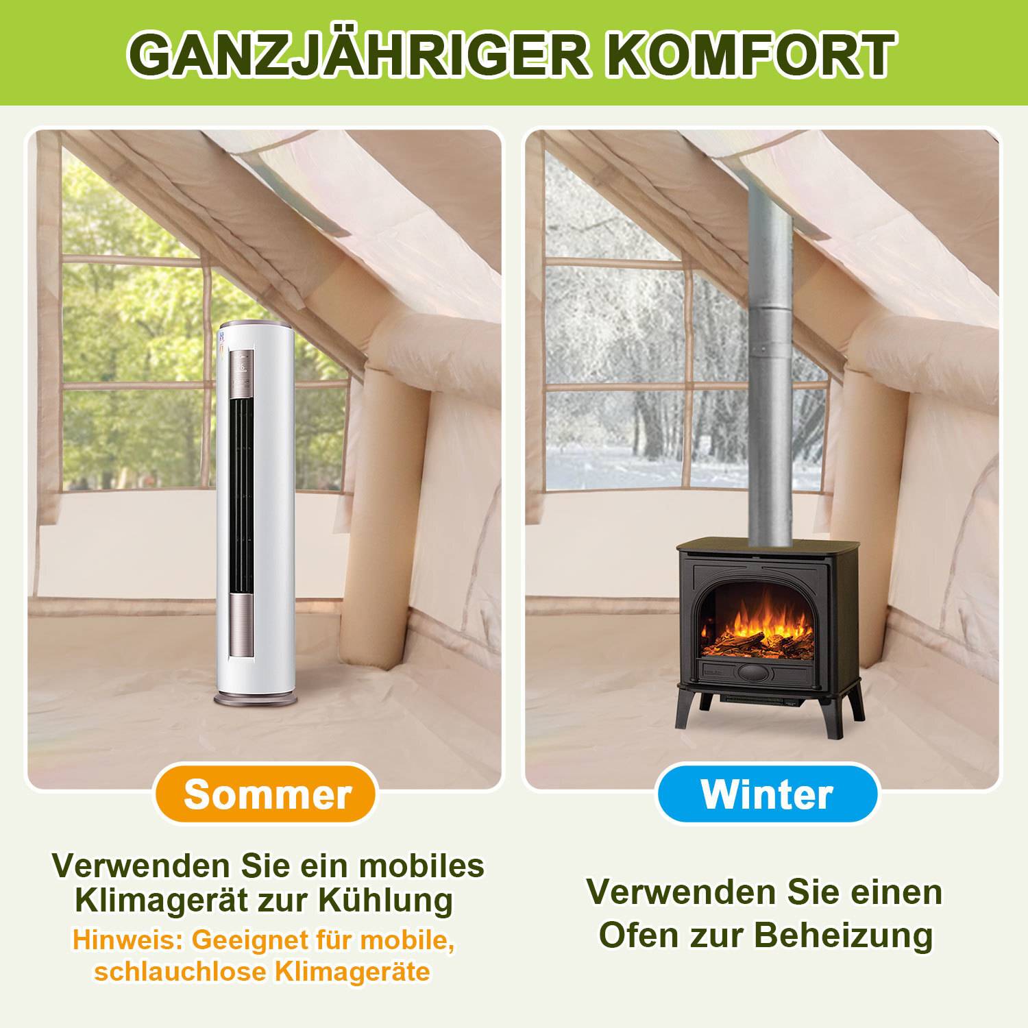 Das Bild vergleicht Komfortlösungen für Sommer und Winter: Eine mobile Klimaanlage zur Kühlung im Sommer und einen Ofen zur Beheizung im Winter.