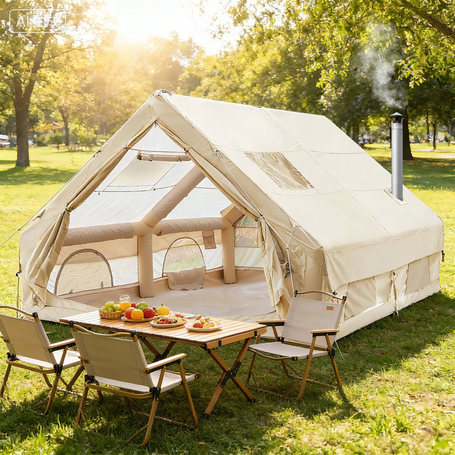 Ein weißes Glamping-Zelt, das in einem sonnigen Park mit Bäumen aufgestellt ist. Davor schaffen zwei Stühle und ein Tisch mit Früchten und Croissants eine gemütliche, einladende Szenerie.
