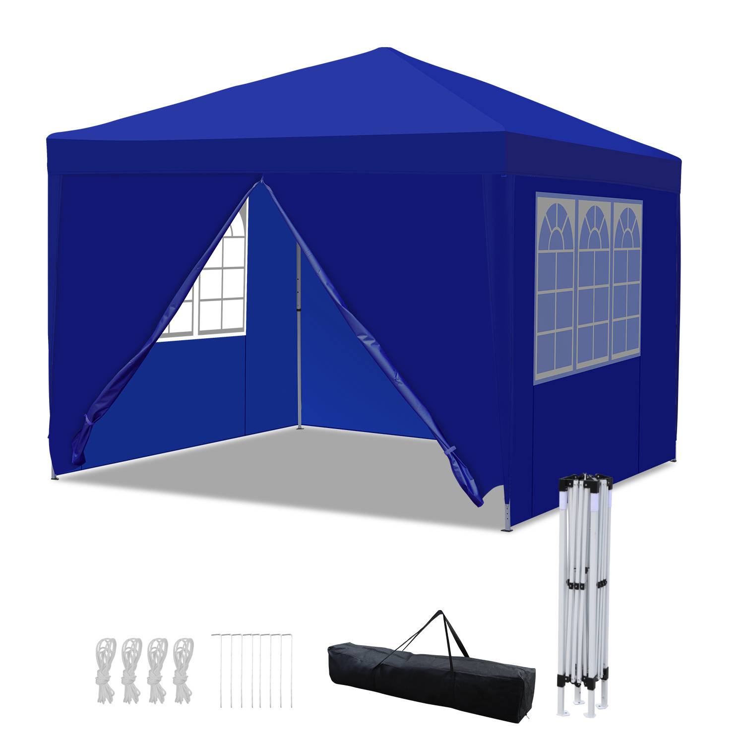Ein blaues Pavillon-Zelt mit klaren Fensterpaneelen und teilweise offener Vorderseite. Enthält Heringe, Seile, eine schwarze Tragetasche und ein zusammenklappbares Gestell.