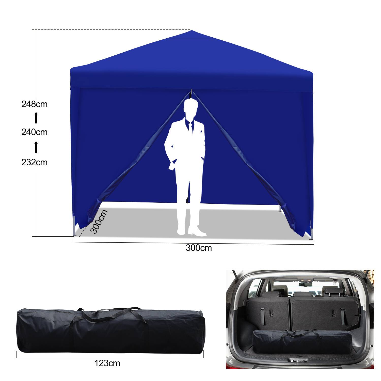 Ein blaues Pop-Up-Zelt mit den Maßen 300cm x 300cm und einer Höhe von 232cm bis 248cm wird gezeigt. Ein Mann steht darin, um die Größe zu verdeutlichen. Eine Transporttasche wird angezeigt, die in einen Kofferraum passt.