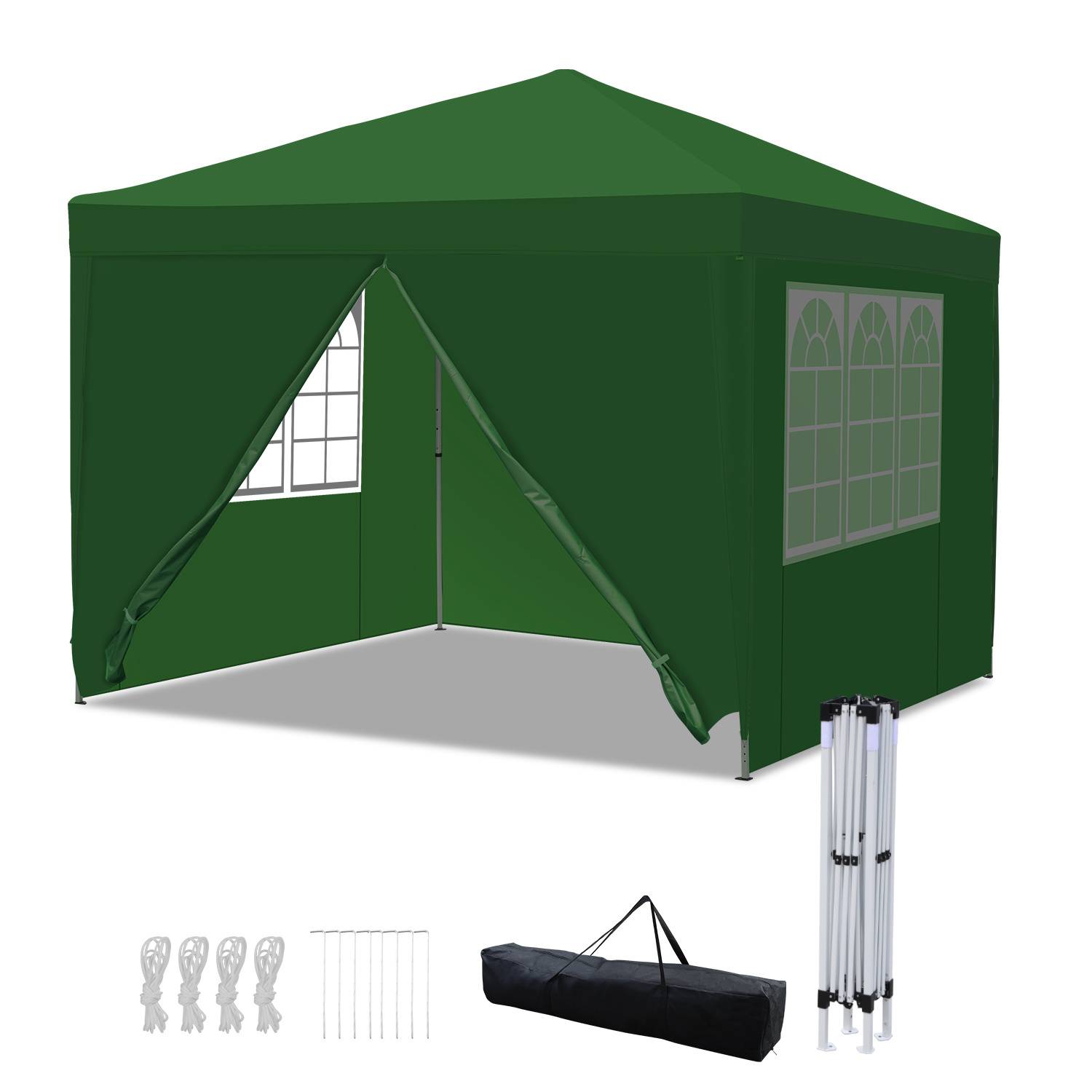 Ein großes grünes Pop-up-Baldachindach mit Fenstern, zerlegten Komponenten, Heringen und einer darunter angezeigten Transporttasche.