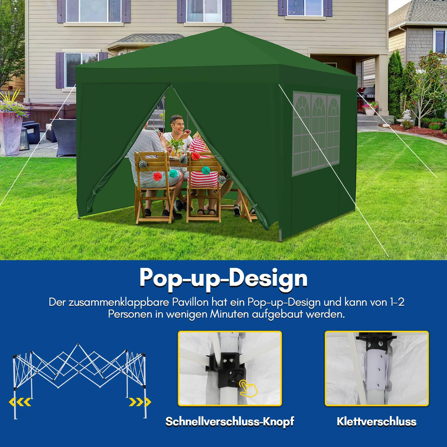 Eine Familie sitzt unter einem grünen Pop-Up-Zelt vor einem Haus. Das Zelt hebt seine einfache Montage mit Schnellverschlussmechanismus und Klettverschluss hervor.