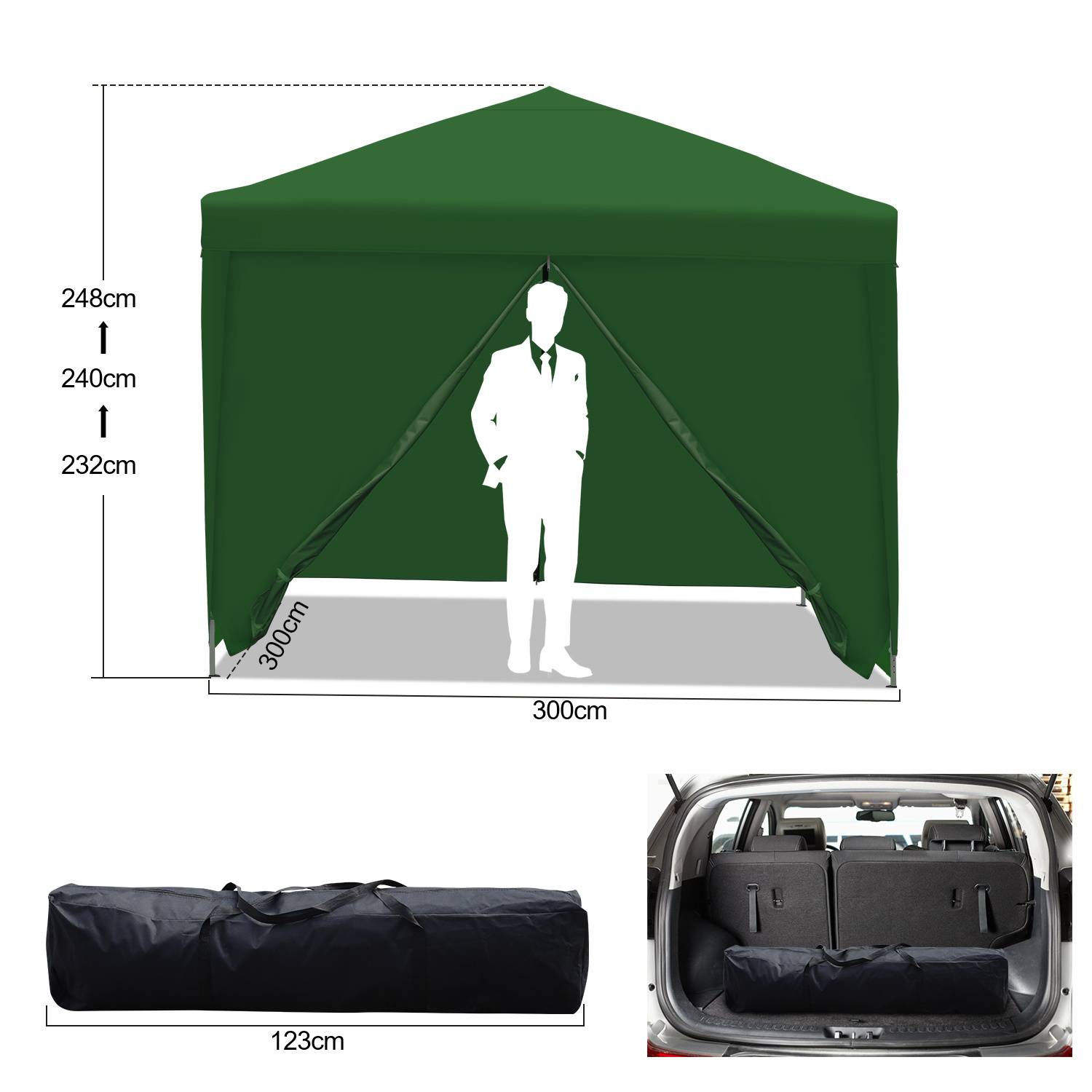 Grünes Dachzelt mit einer Höhe von 248 cm und einer Breite von 300 cm, in dem eine stehende Person Platz hat. Zusammengeklappt passt es in eine 123 cm große Tasche zum Transport.