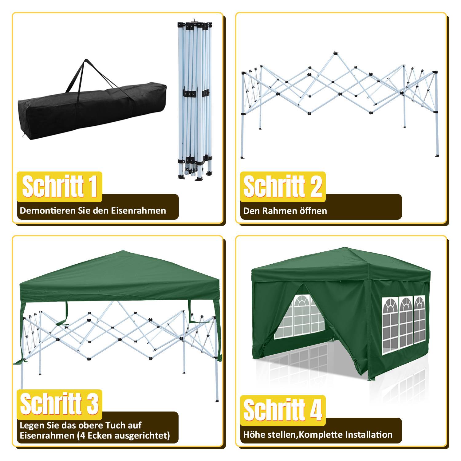 Aufbau eines Zeltes: Schritt 1 - Den Rahmen auseinandernehmen. Schritt 2 - Den Rahmen öffnen. Schritt 3 - Die Abdeckung auf dem Rahmen anbringen. Schritt 4 - Die Höhe für die vollständige Aufstellung einstellen.