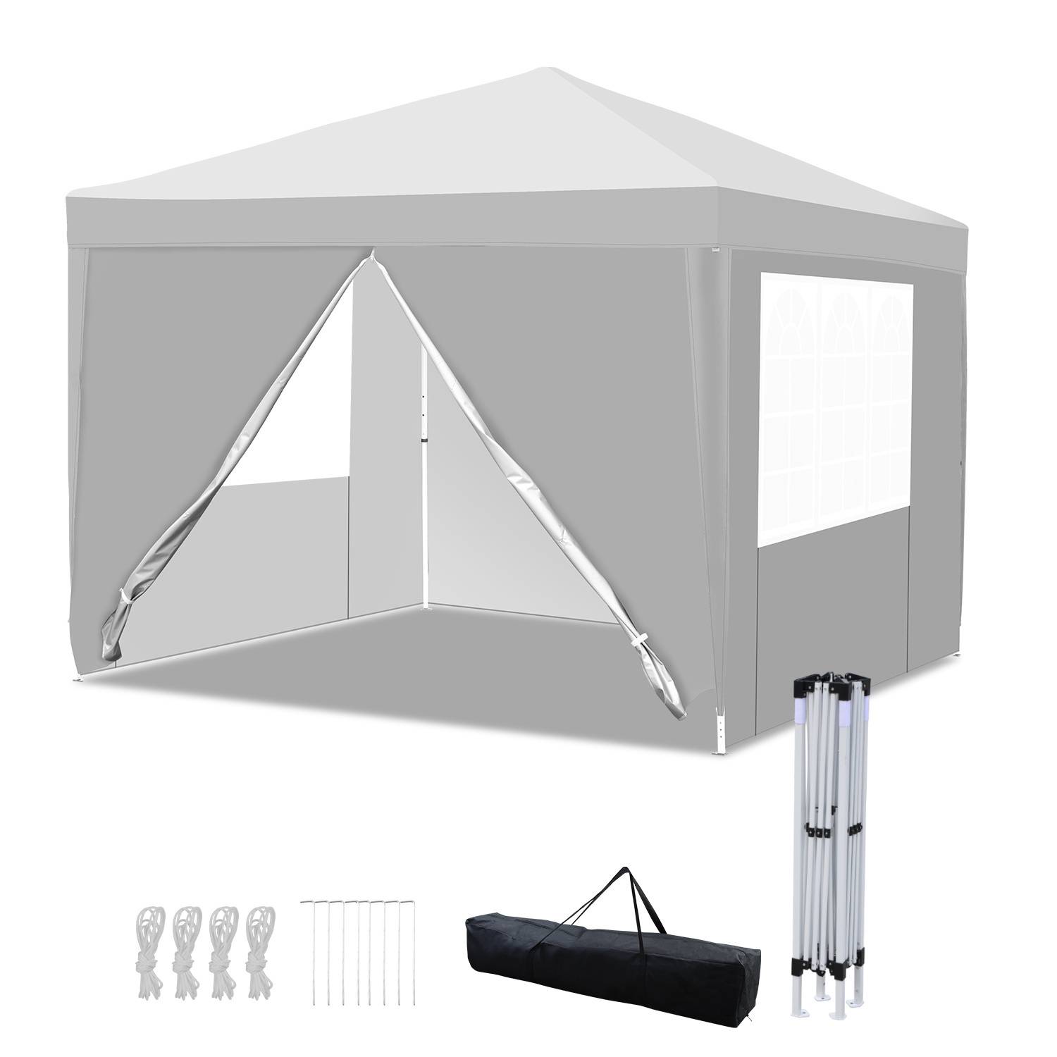 Ein graues Pop-up-Zeltdach mit Reißverschlusseingang und Fenster, gezeigt mit Heringen, Stangen und Tragetasche. Geeignet für Outdoor-Veranstaltungen.