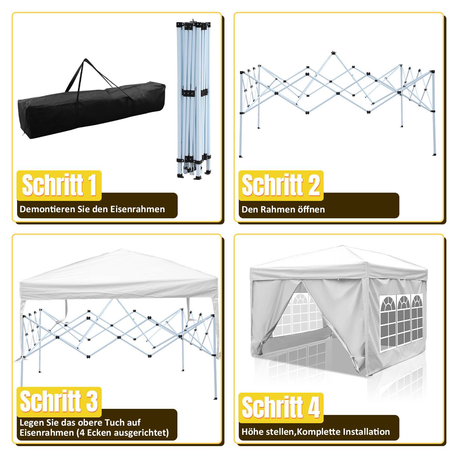 Eine Schritt-für-Schritt-Anleitung zum Aufbau eines Zeltes mit Bildern: 1. Zerlegen Sie das Gestell. 2. Öffnen Sie das Gestell. 3. Bringen Sie die Abdeckung auf dem Gestell an. 4. Passen Sie die Höhe an, installieren Sie vollständig.