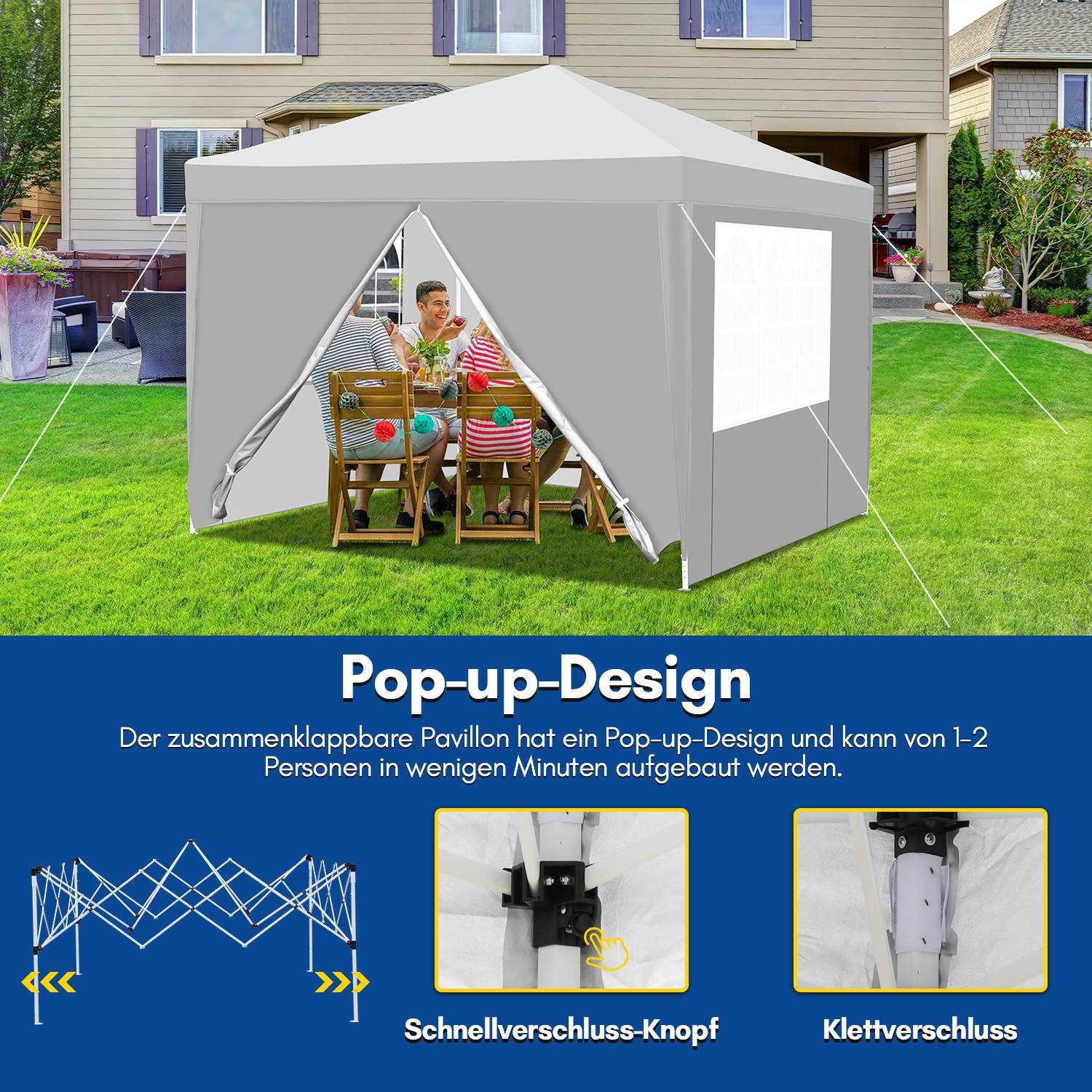 Eine Familie sitzt unter einem grauen Pop-up-Zelt neben einem Haus und genießt eine Mahlzeit. Nachfolgend finden Sie Anweisungen zum Aufbau, die die Schnellverschlusstasten und den Klettverschluss hervorheben.