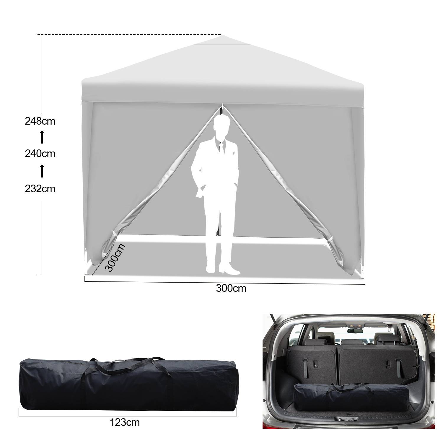 Ein kompaktes Zelt mit den Maßen 300cm x 300cm und 248cm Höhe mit einem Reißverschlusseingang, gezeigt im zusammengefalteten Zustand in einer Tasche im Kofferraum eines Autos.