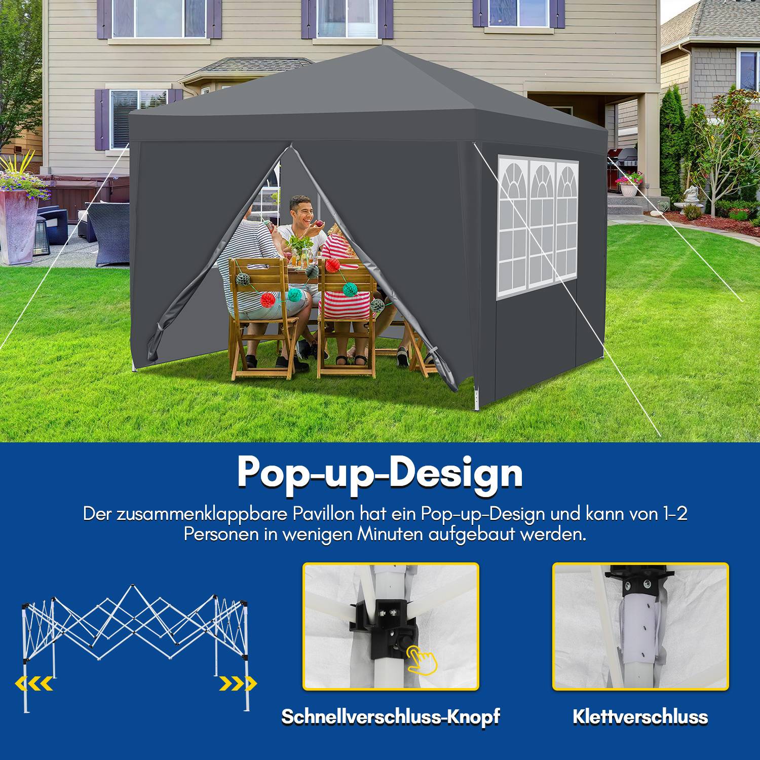 Eine Familie sitzt unter einem grauen Pop-up-Baldachin im Hinterhof. Der Text darunter lautet „Pop-up-Design