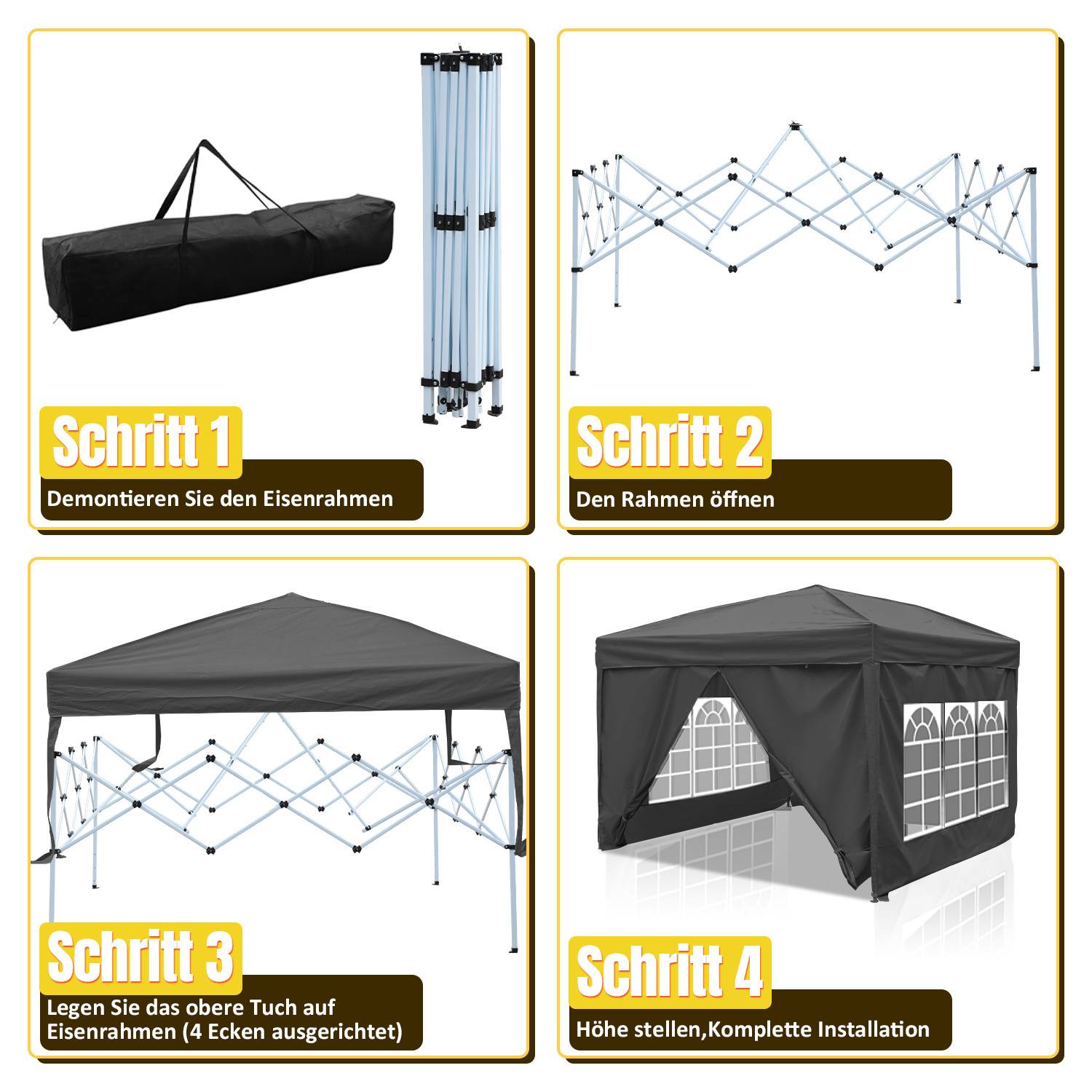 4-Step Anleitung zum Aufbau eines faltbaren Zelts: 1. Zerlegen des Rahmens, 2. Rahmen öffnen, 3. Tuch anbringen, 4. Aufrichten und abschließen.