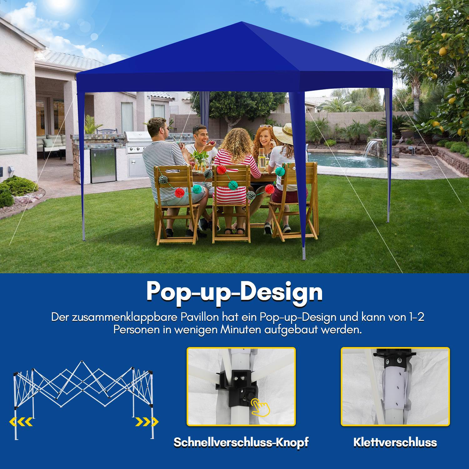 Eine Gruppe von Menschen sitzt an einem Holztisch unter einem blauen Pop-up-Pavillon im Hinterhof. Der Text darunter hebt die einfache Montage des Pavillons hervor.
