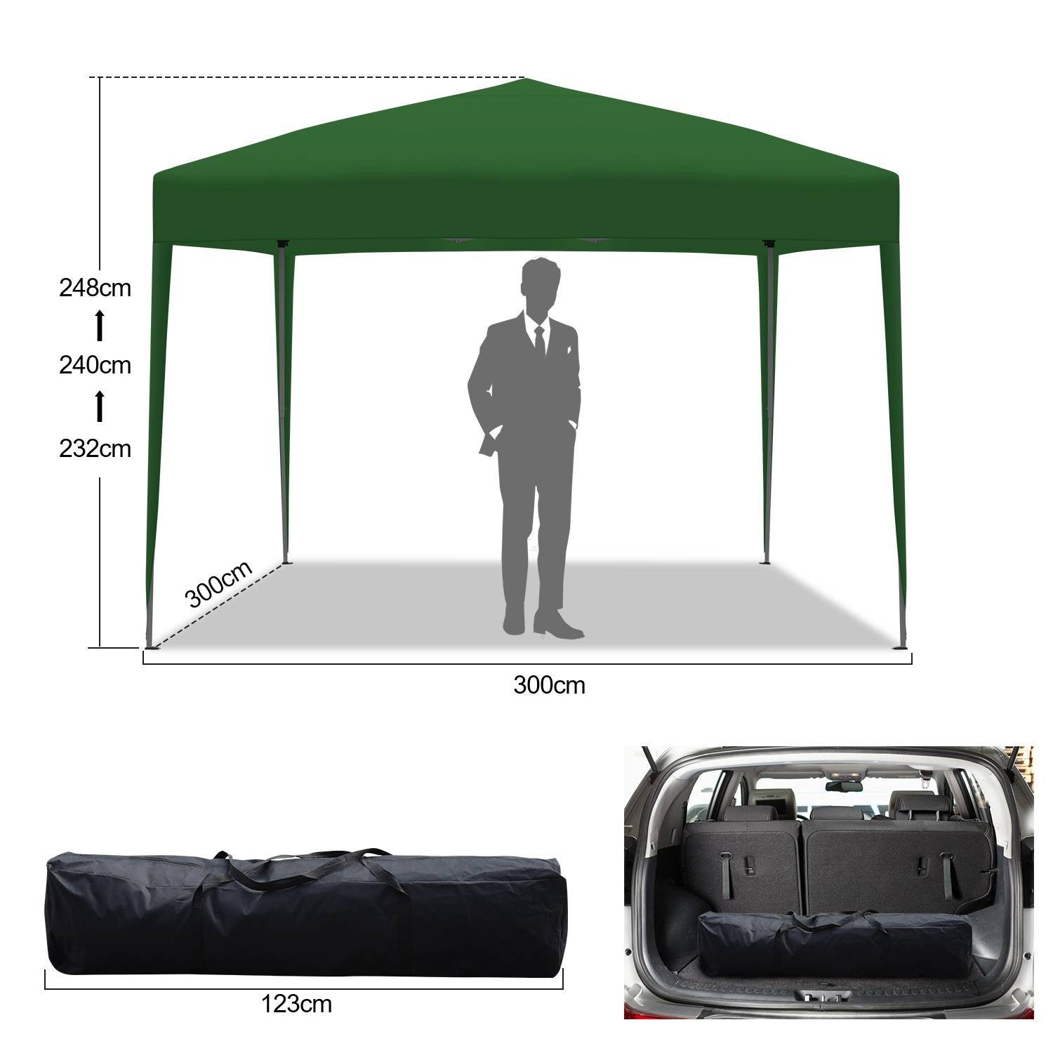 Grünes Pop-up-Pavillon-Zelt mit den Maßen 300 cm x 300 cm und einer Höhenspanne von 232 cm bis 248 cm, gezeigt mit einer Tragetasche und verpackt in einem Autokofferraum.