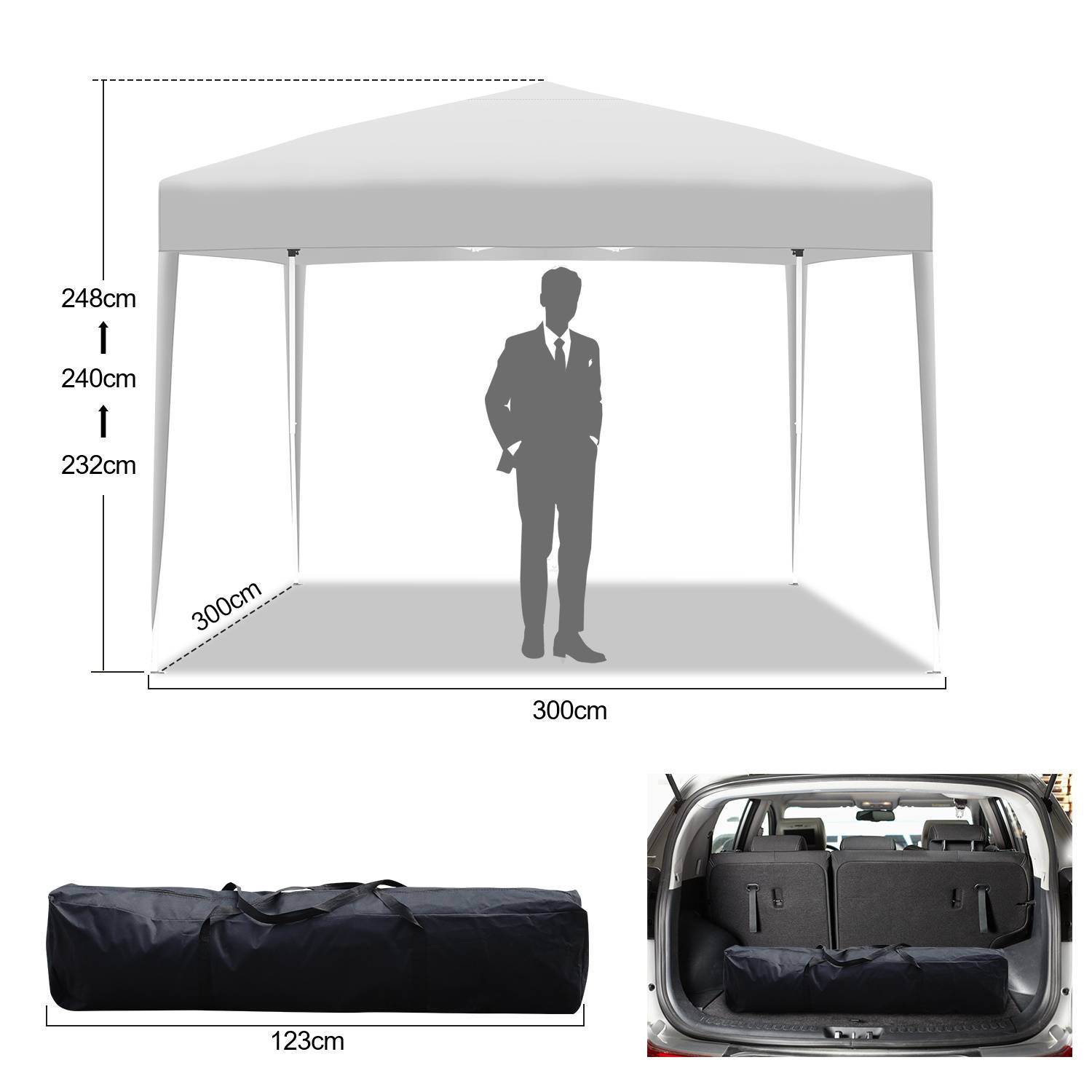 Ein Mann steht unter einem 300cm x 300cm Zelt mit Dachkonstruktion, mit Höhenoptionen von 232cm und 248cm. Eine 123cm Tasche zeigt die Tragbarkeit des Zeltes in einem Autokofferraum.