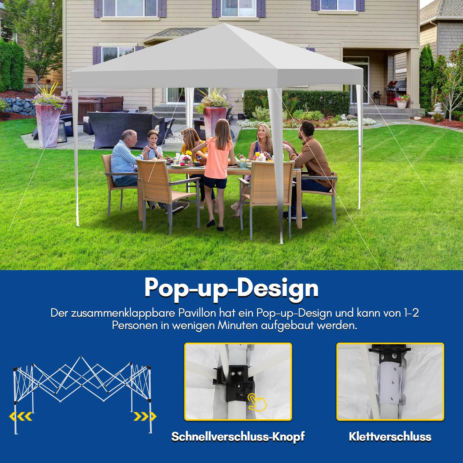 Eine Gruppe von Menschen sitzt und isst an einem Tisch unter einem weißen Pop-up-Zelt im Garten. Der Text unten beschreibt die schnelle Aufbaufunktion des Zelts.