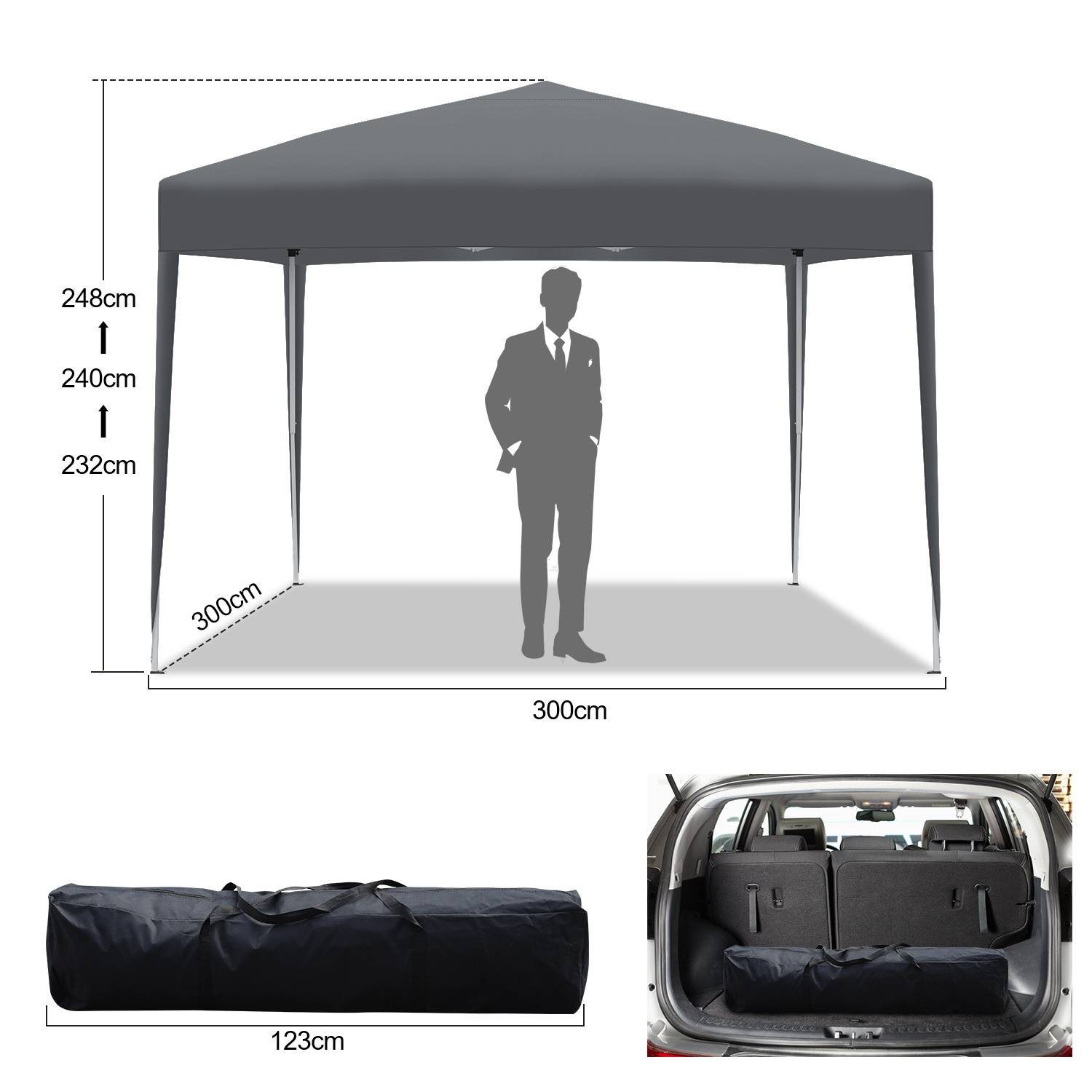 Ein Pavillon mit den Maßen 300cm x 300cm und einer zwischen 232cm und 248cm verstellbaren Höhe. Er passt kompakt in eine 123cm Tasche und ist hier im Kofferraum eines Autos verstaut.