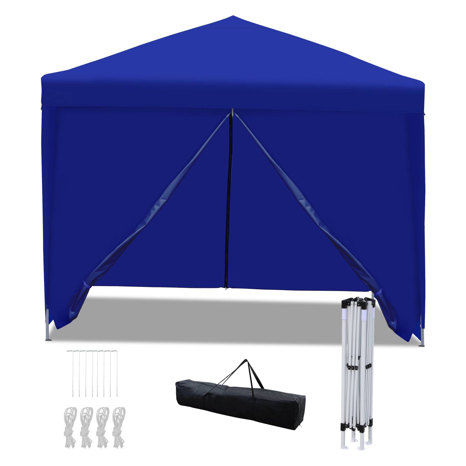 Ein blaues Pop-Up-Pavillon-Zelt mit Transporttasche, vier Seitenwänden und Metallheringe. Gerüst zusammengeklappt, bereit zum Transport oder Aufbau.
