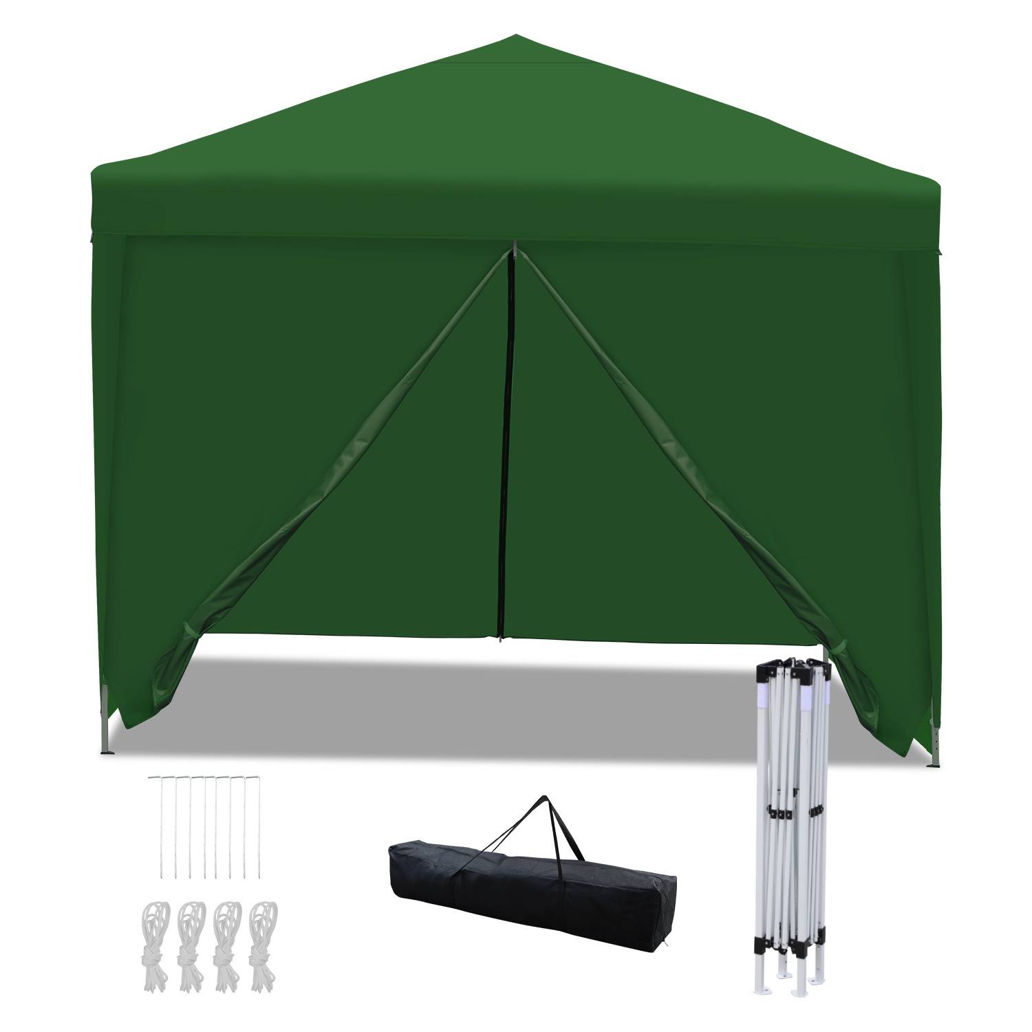 Ein grünes Pop-Up-Pavillon-Zelt mit offener Vorderseite wird gezeigt, begleitet von Heringen, Abspannseilen, einer Tragetasche und einem gefalteten Gestell.
