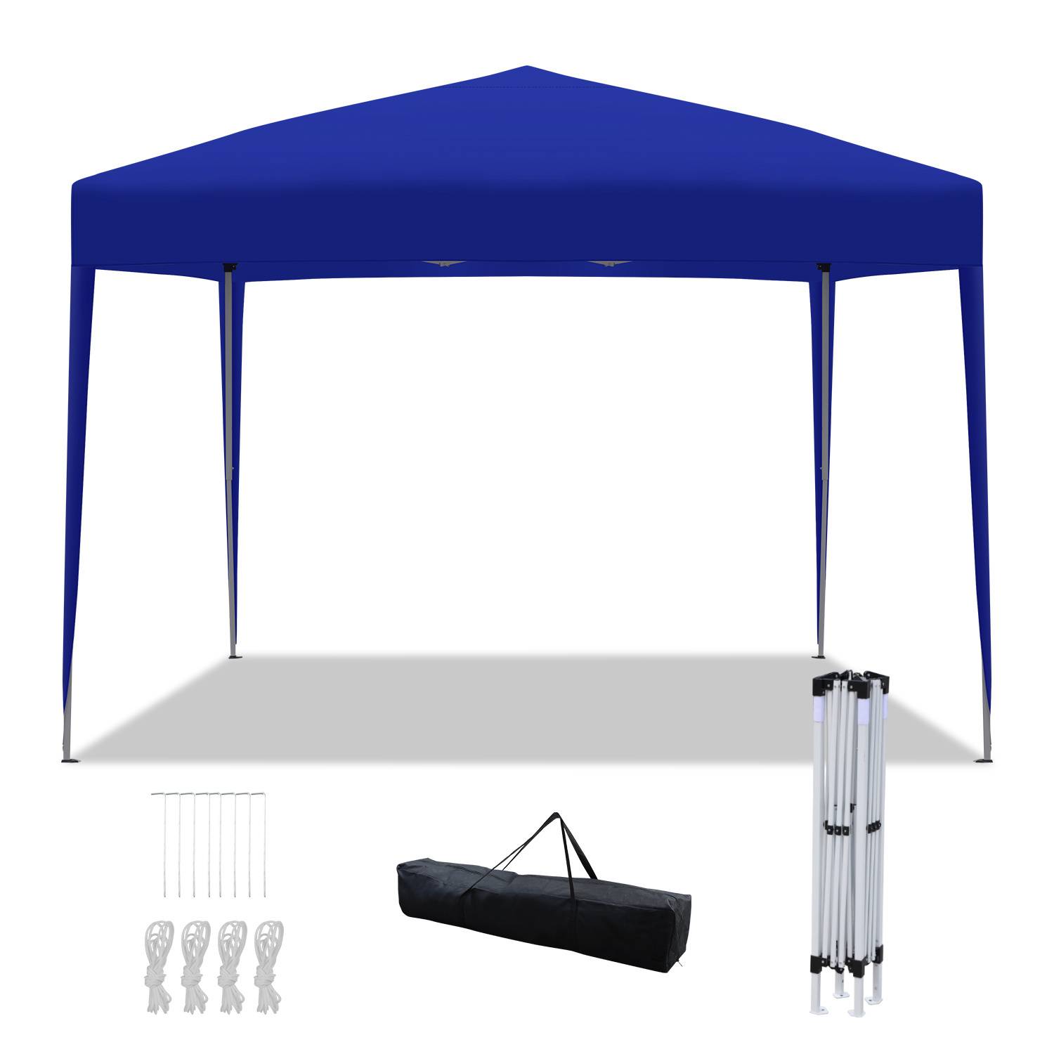 Ein blaues Pop-up-Baldachindach mit Zubehör, einschließlich Heringe, Seile, einer Tragetasche und zusammengeklappten Beinen, entworfen für die Außennutzung.