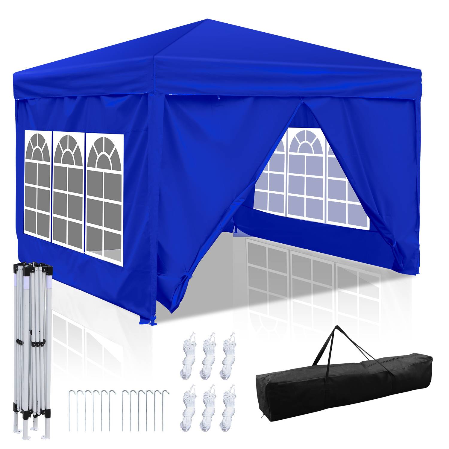 Blaues Pop-up-Pavillon-Zelt mit großen Fenstern, gezeigt mit Zubehör: Tragetasche, Heringe und Gestell. Geeignet für Outdoor-Veranstaltungen.