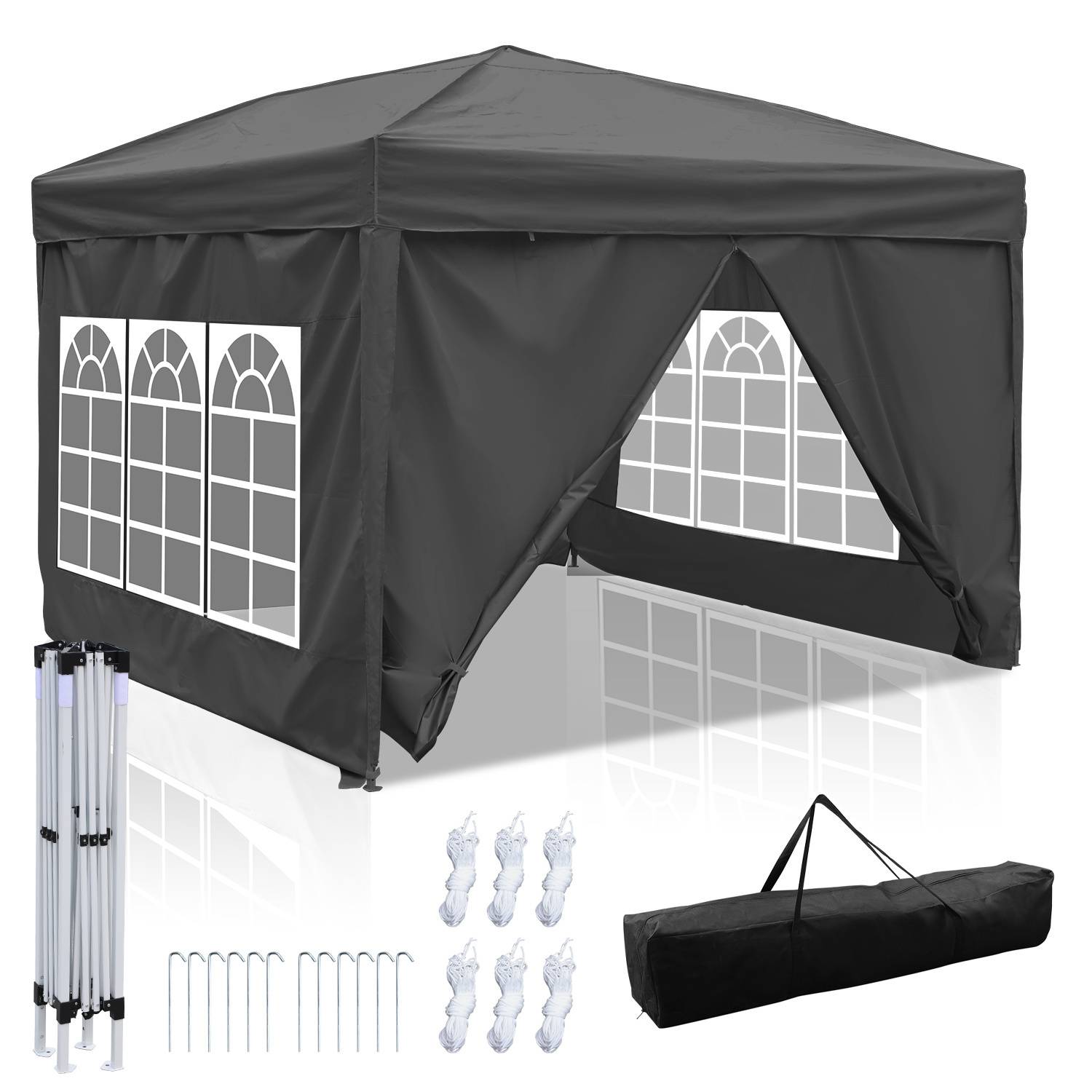 Eine schwarze Pop-up-Gartenpavillon mit Fensterseitenpaneelen, Tragetasche, Heringe und Abspannseile wird angezeigt. Montagestangen werden separat gezeigt.