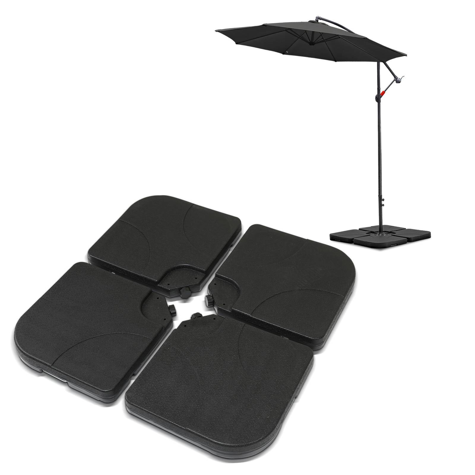 Ein schwarzer Kragschirm mit quadratischer Basis, gezeigt mit vier einzelnen schwarzen Basisgewichten zur Stabilisierung, auf weißem Hintergrund.