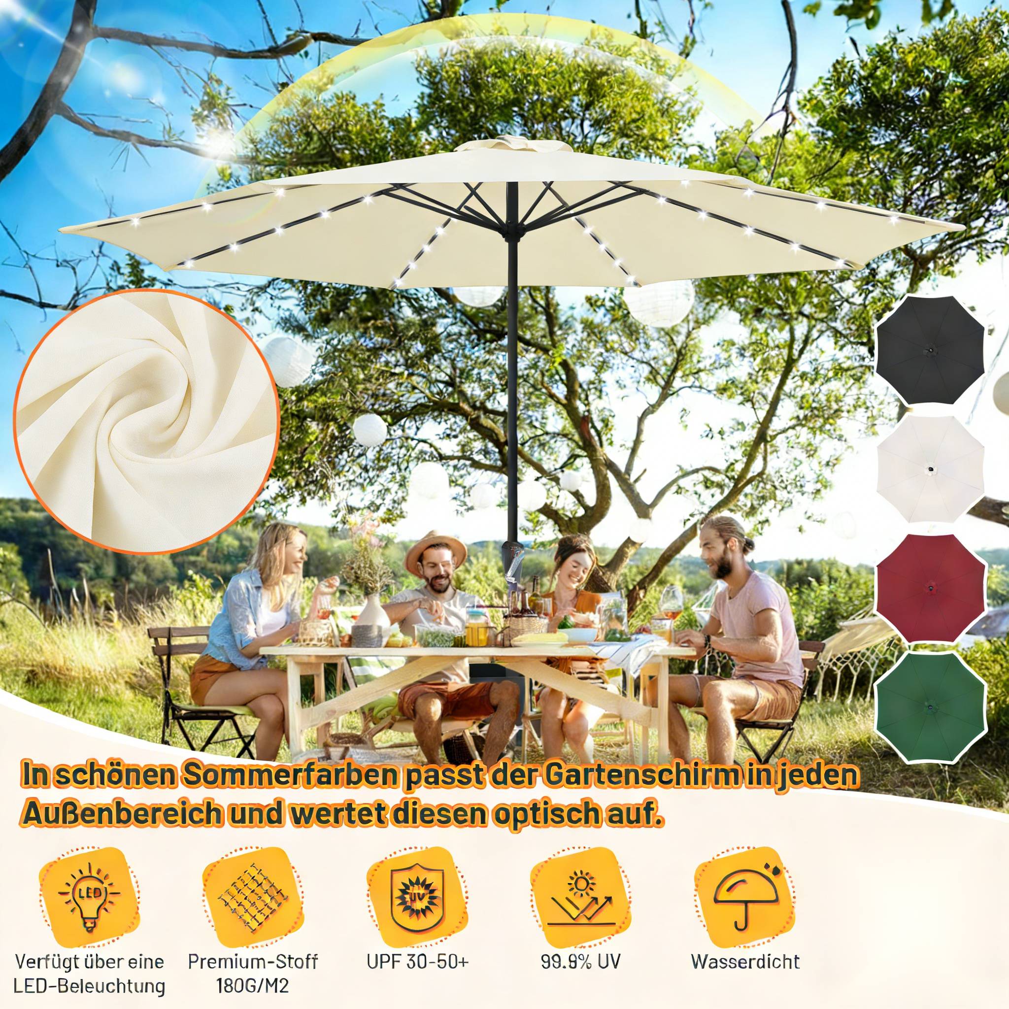 Eine Gruppe von Menschen genießt ein Picknick unter einem großen Außenschirm in einem sonnigen Garten. Der Schirm ist in verschiedenen Farben erhältlich.