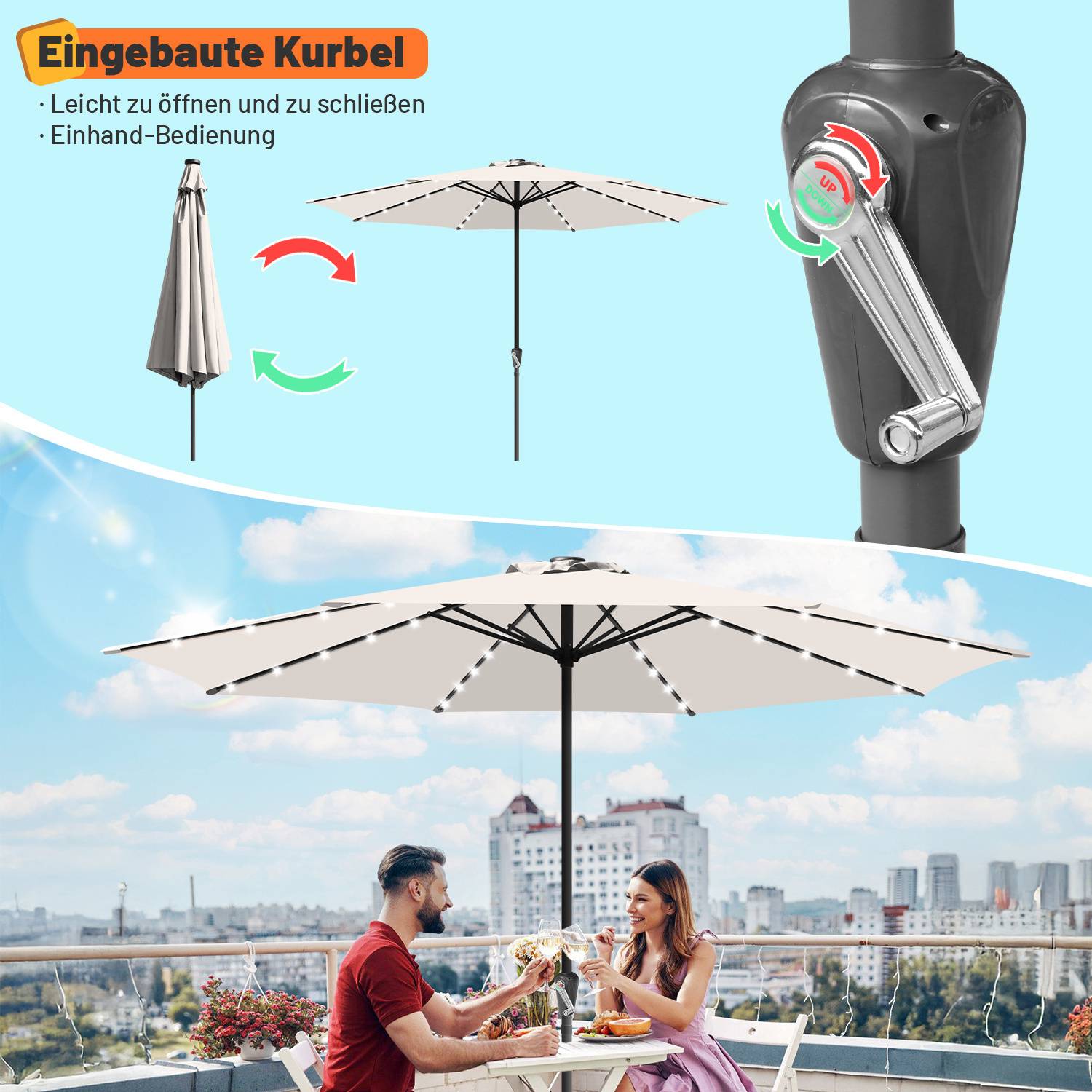 Ein weißer Terrassenschirm mit integrierter Kurbel für einfache Bedienung mit einer Hand. Darunter sitzt ein Paar unter dem Schirm in einem Dachterrassen-Café.