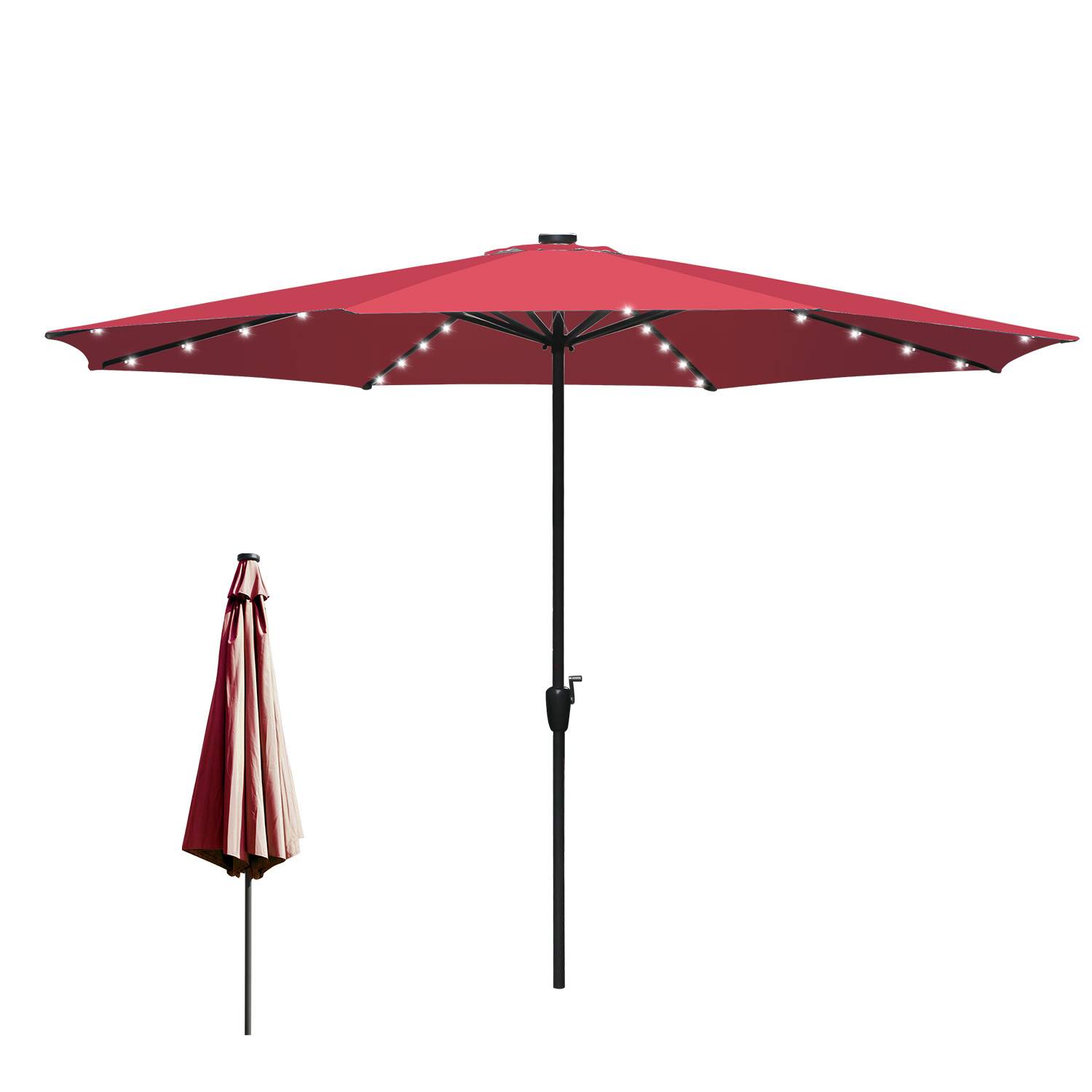 Ein roter Außenpatio-Regenschirm mit LED-Leuchten entlang der Rippen wird geöffnet gezeigt; eine geschlossene Version des Regenschirms ist daneben zu sehen.
