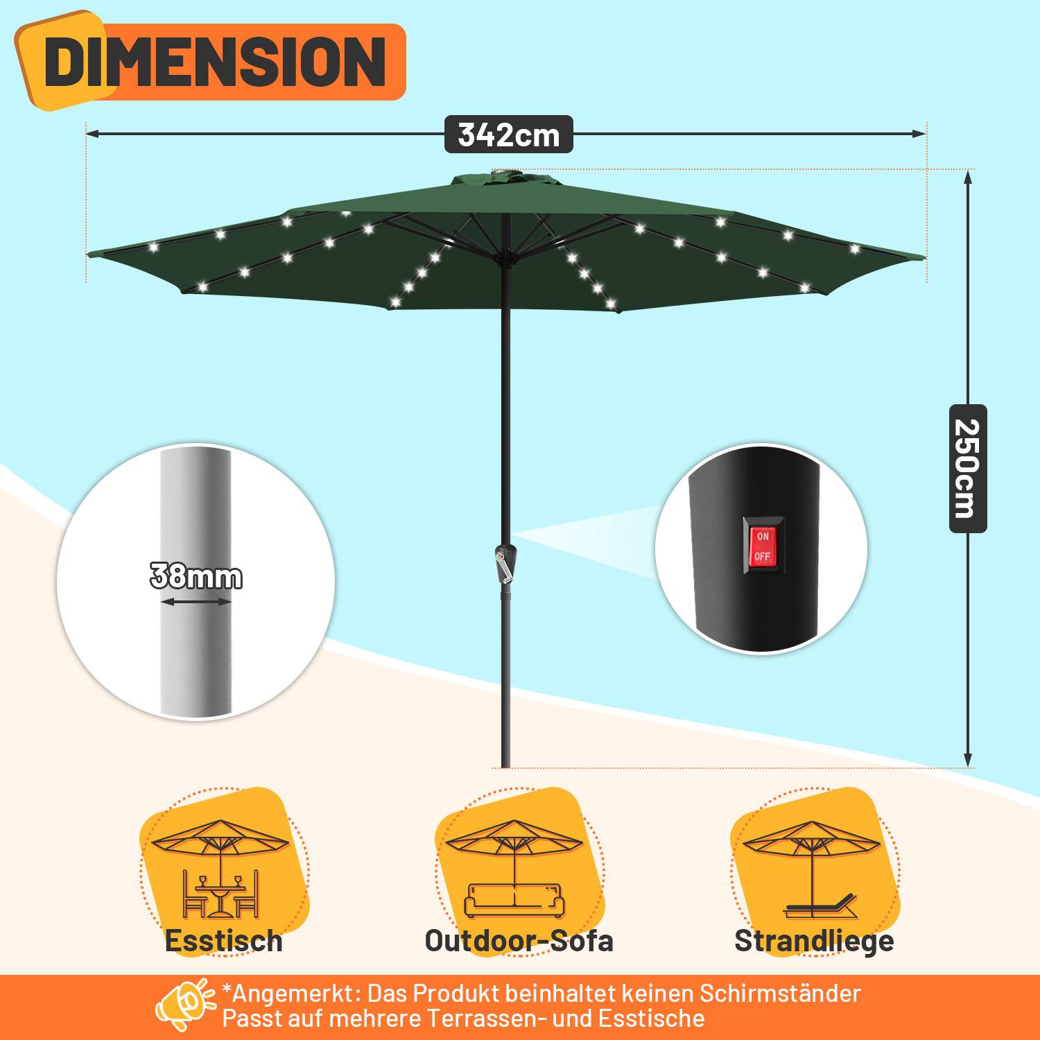Schirm-Abmessungen: 342 cm breit, 250 cm hoch, mit LED-Leuchten. Passt zu Esstischen, Outdoor-Sofas, Sonnenliegen. Hinweis: Ständer nicht im Lieferumfang enthalten.