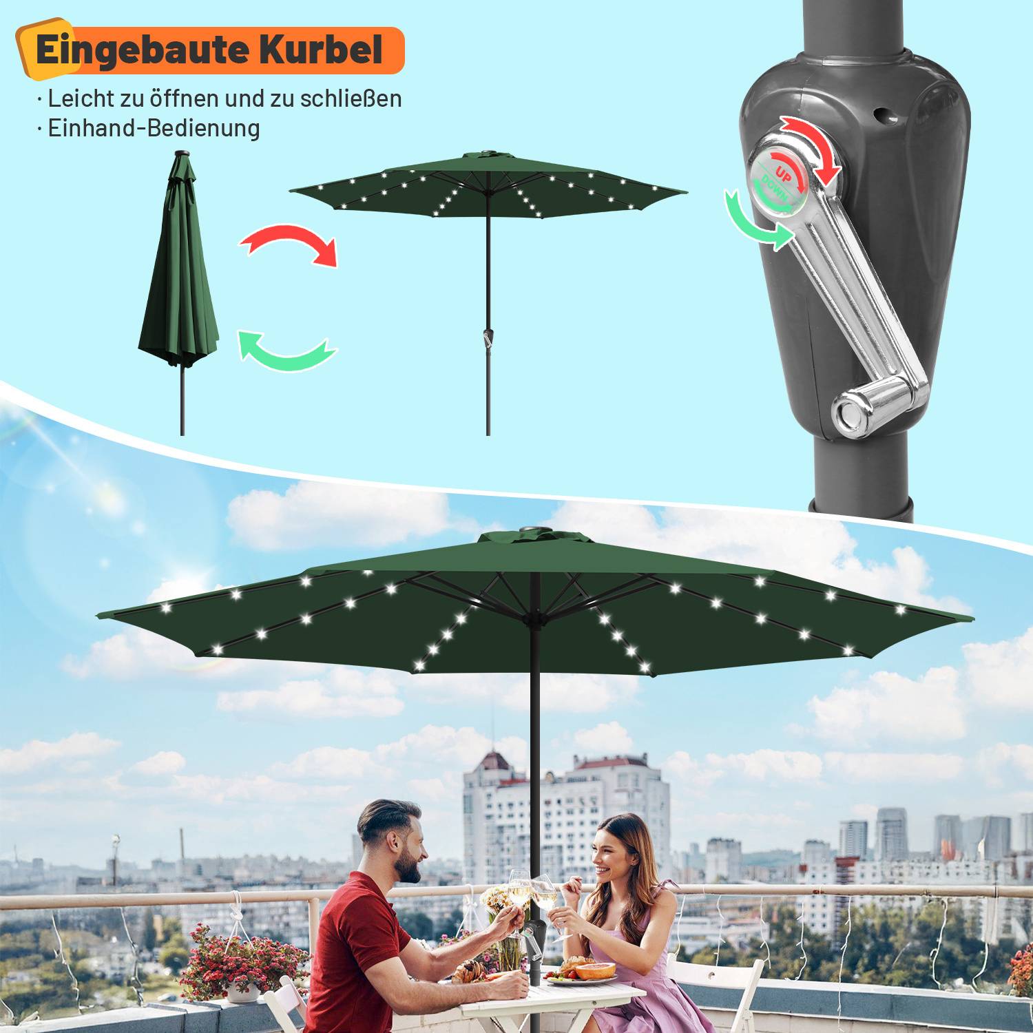 Ein Mann und eine Frau sitzen an einem Tisch unter einem grünen Sonnenschirm mit integrierten Leuchten. Das Bild hebt die eingebaute Kurbel hervor.