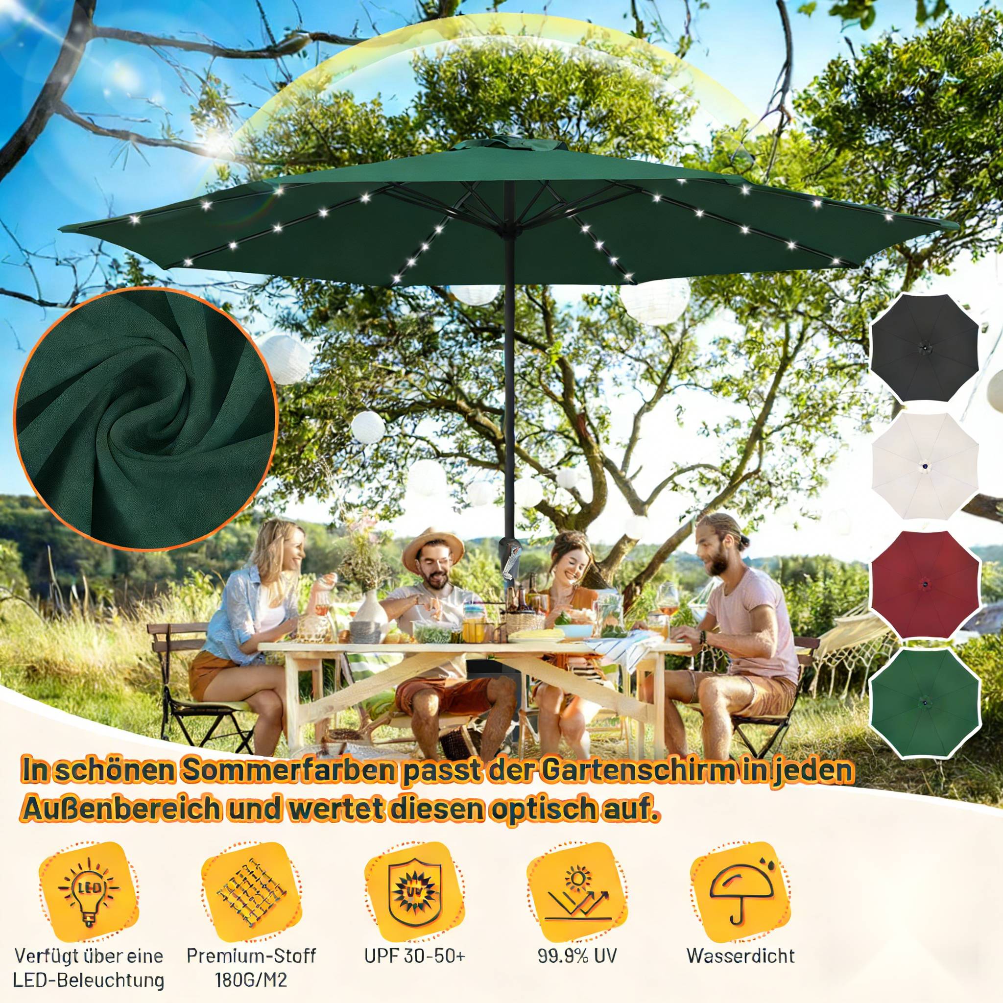 Eine Gruppe von Menschen sitzt an einem Tisch unter einem großen Outdoor-Schirm mit Lichterketten. Das Bild hebt Merkmale wie LED-Beleuchtung, hochwertige Stoffe, UV-Schutz und Wasserdichtigkeit hervor.