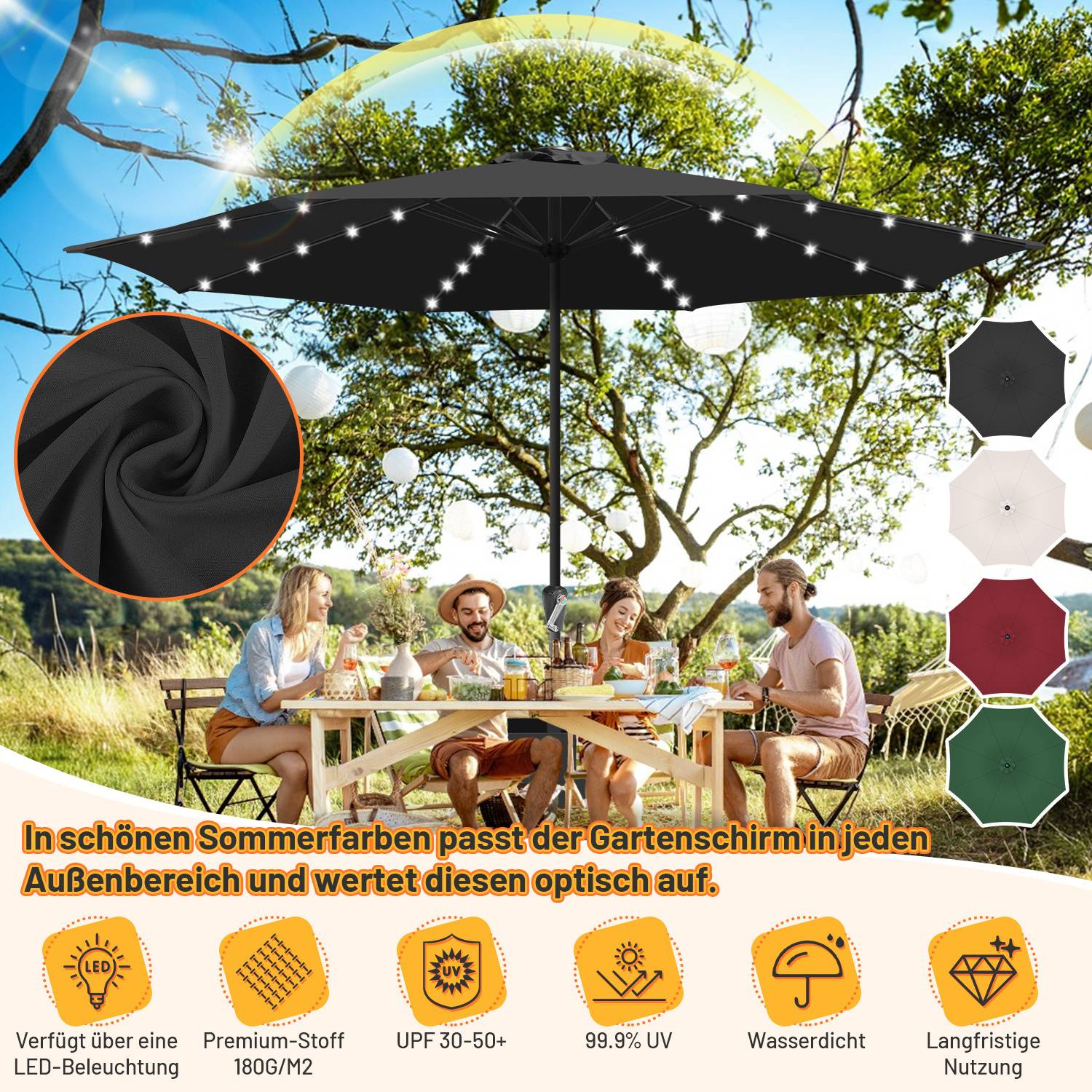 LED Sonnenschirm 2,7 m – Stabiler Balkonschirm mit Licht, UV-beständig, grau