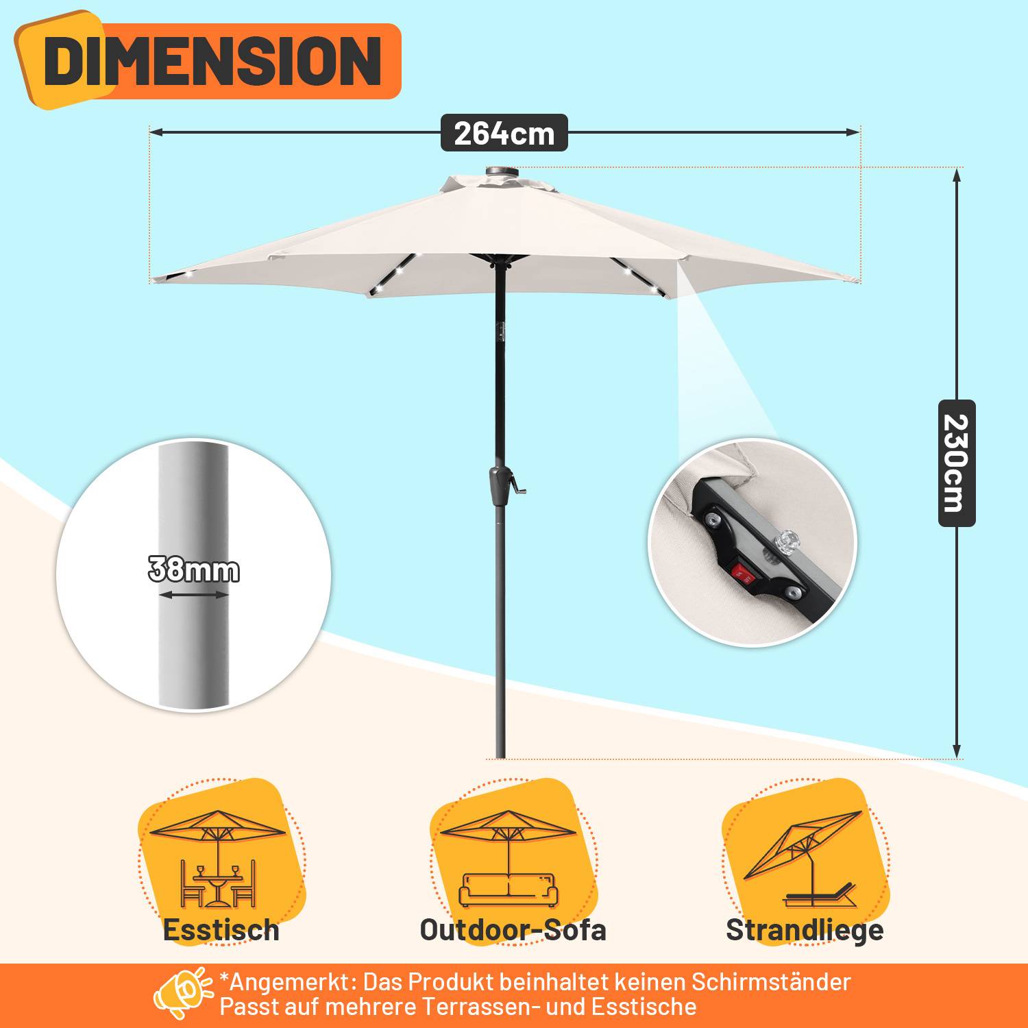 „Diagramm mit einem beigen Sonnenschirm und folgenden Abmessungen: Höhe 230 cm, Spannweite des Schirmdachs 264 cm, Durchmesser des Masts 38 mm. Geeignet für Esstische und Terrassen.