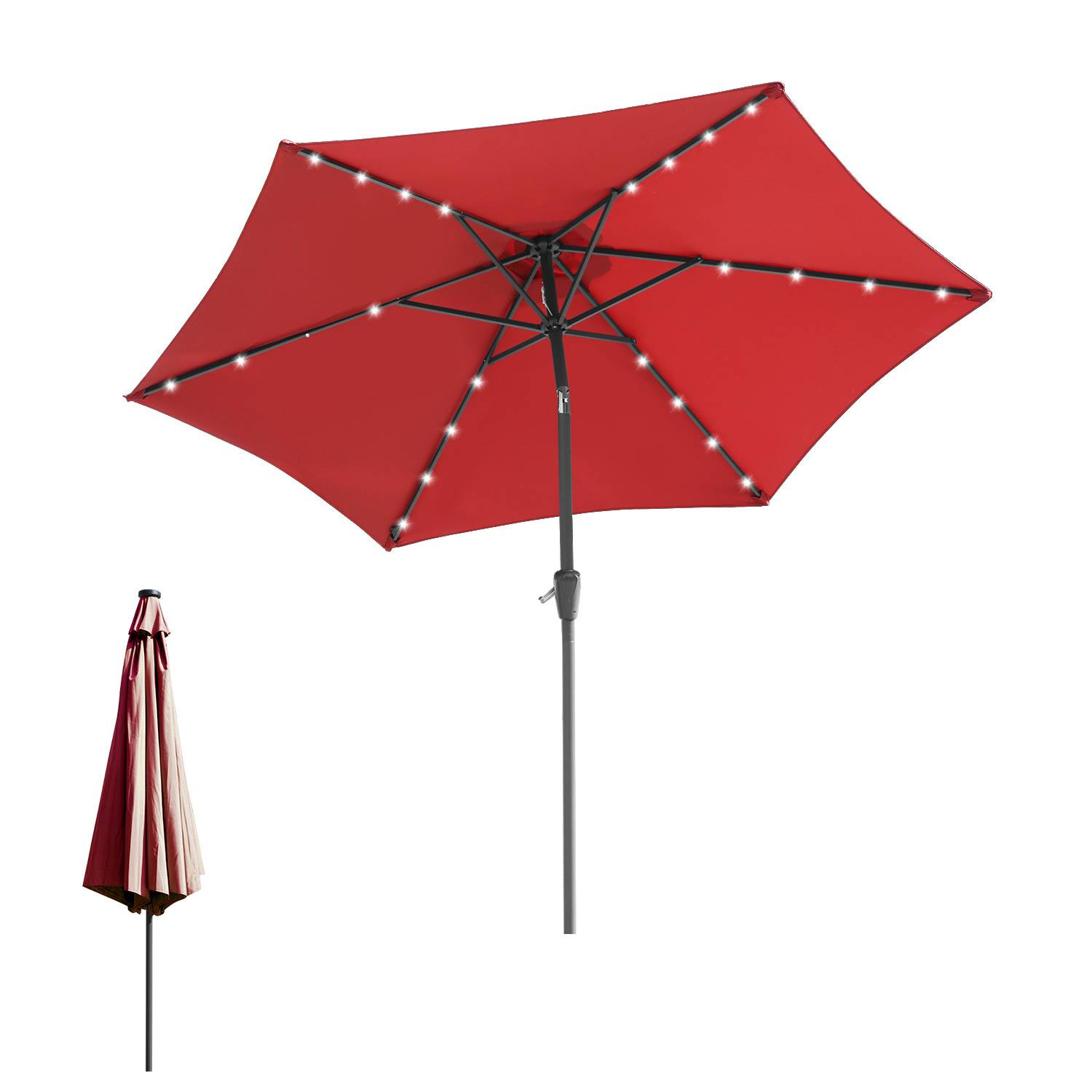 Roter Terrassenschirm mit LED-Leuchten an den Rippen, geöffnete Ansicht zeigt acht Paneele. Eine geschlossene Version erscheint daneben zum Vergleich.