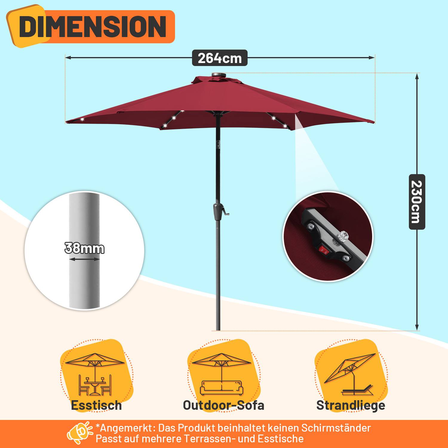 Roter Terrassenschirm mit Abmessungen: 264 cm breit, 230 cm hoch. Pollendurchmesser 38 mm. Symbole zeigen die Verwendung mit Esstischen, Outdoor-Sofas und am Strand.