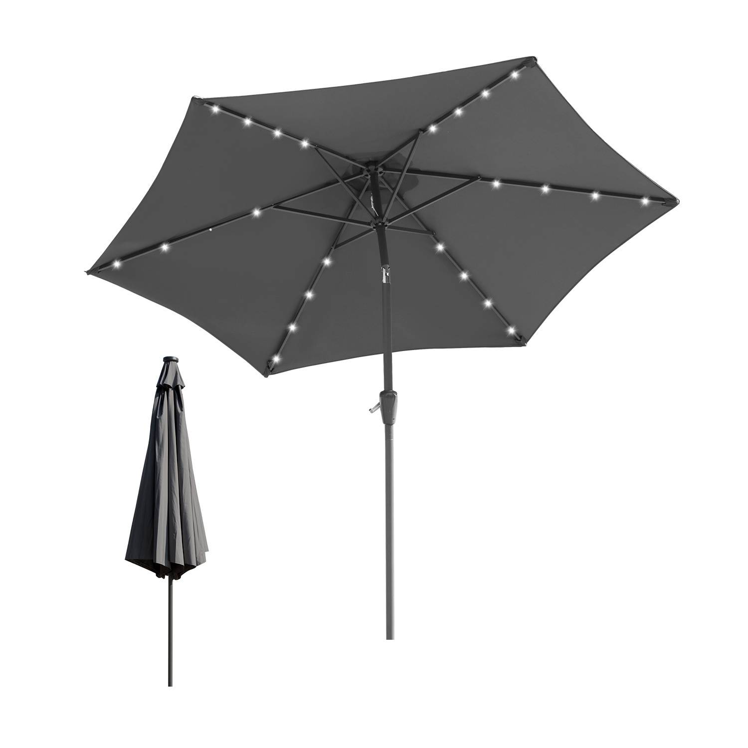 Ein schwarzer Außenpatio-Sonnenschirm mit LED-Leuchten entlang der inneren Speichen, shown offen und geschlossen.