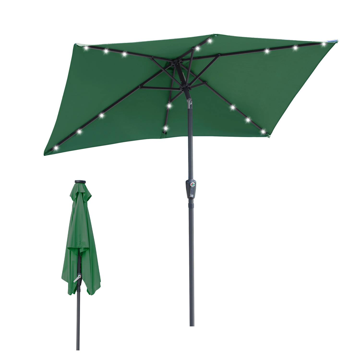 Grüner Terrassenschirm mit Lichtern an den Rippen, offen und geschlossen dargestellt.