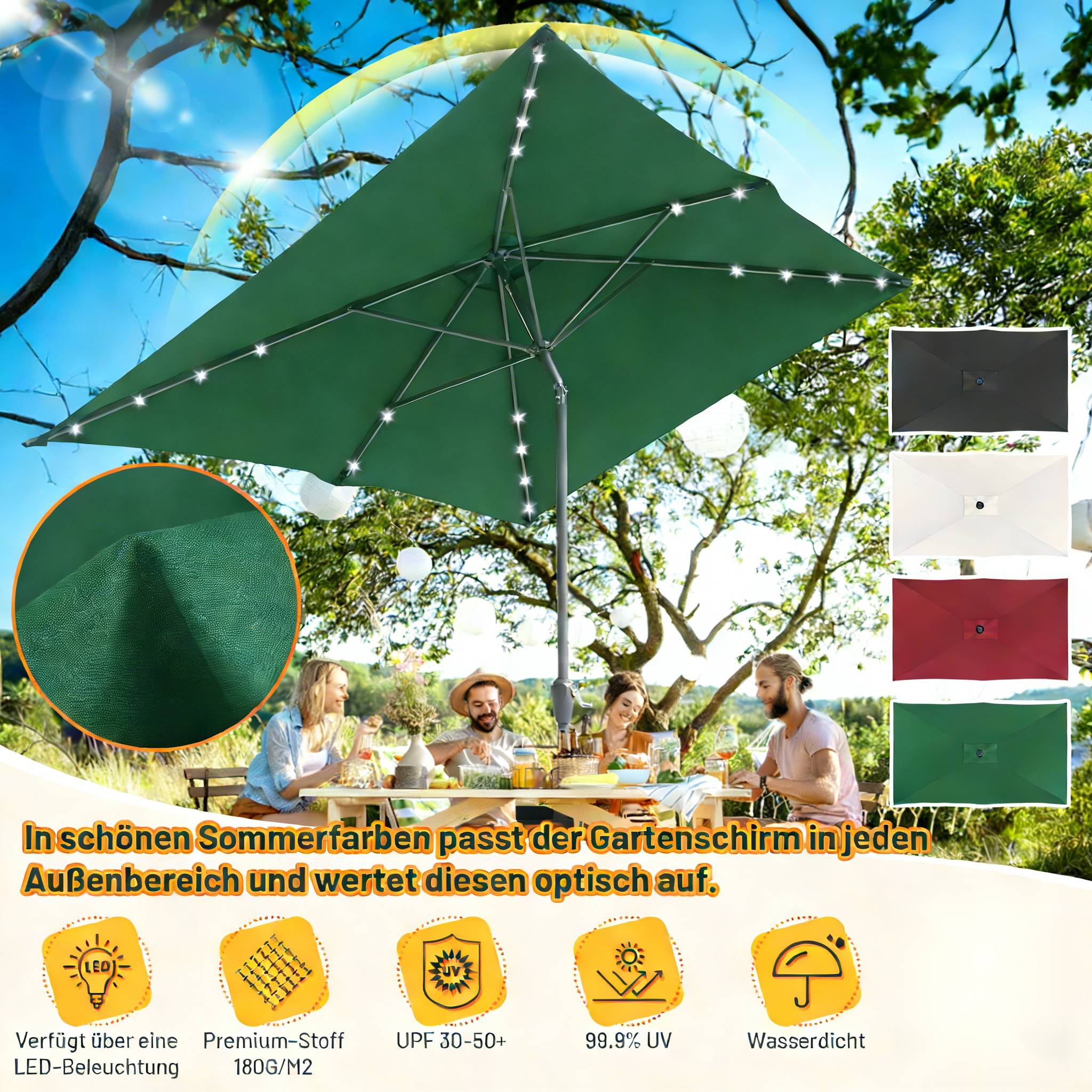 Eine Gruppe von Menschen genießt eine Gartenumgebung unter einem großen, grün beleuchteten LED-Regenschirm. Der Text hebt den UV-Schutz und die Wasserbeständigkeit des Regenschirms hervor.