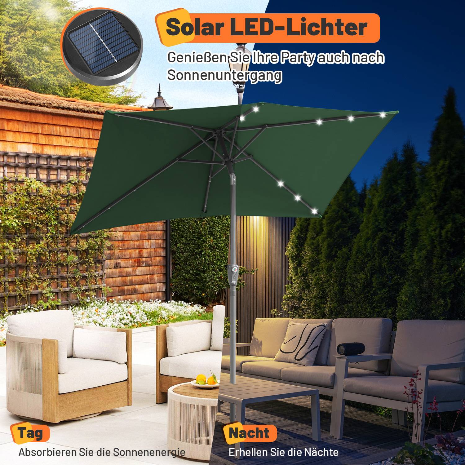 Großer grüner Terrassenschirm mit LED-Leuchten über Außensitzbereich. Text in Deutsch bewirbt Solar-LED-Leuchten für die Abendnutzung.