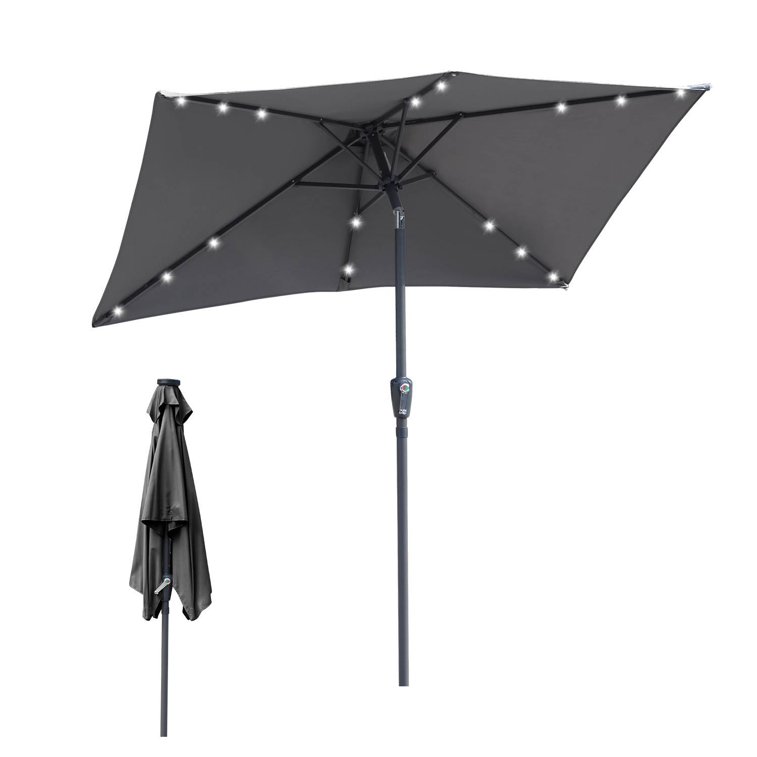 Outdoor-Sonnenschirm mit LED-Leuchten an den Rippen, geöffnet und geschlossen dargestellt. Enthält einen Griff zur Höhenverstellung.