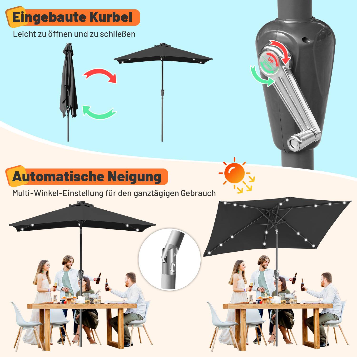 Sonnenschirm mit eingebauter Kurbel und automatischer Neigungsfunktion für ganztägigen Gebrauch. Perfekt für Essen im Freien.