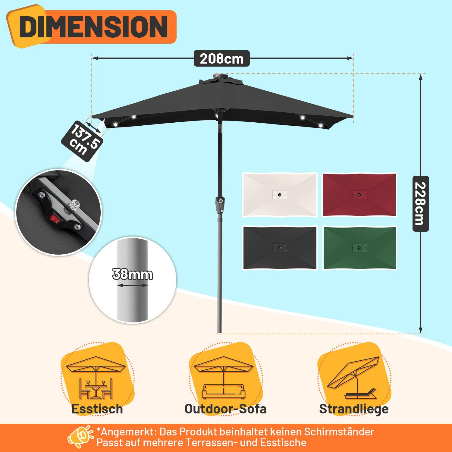 „Diagramm eines 228 cm hohen Regenschirms mit 208 cm breitem Schirmdach. Die Beschriftungen zeigen die Kompatibilität mit Tischen, Gartensofas und Sonnenliegen.