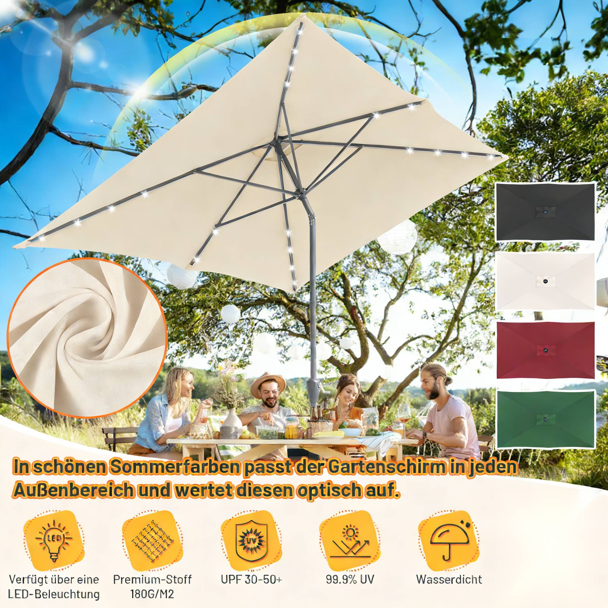 Ein Gartenschirm mit LED-Leuchten über einer im Freien sitzenden Gruppe. Zu den Funktionen gehören LED-Beleuchtung, hochwertige Stoffe, UPF 30-50+, 99,9% UV-Schutz, wasserdicht.